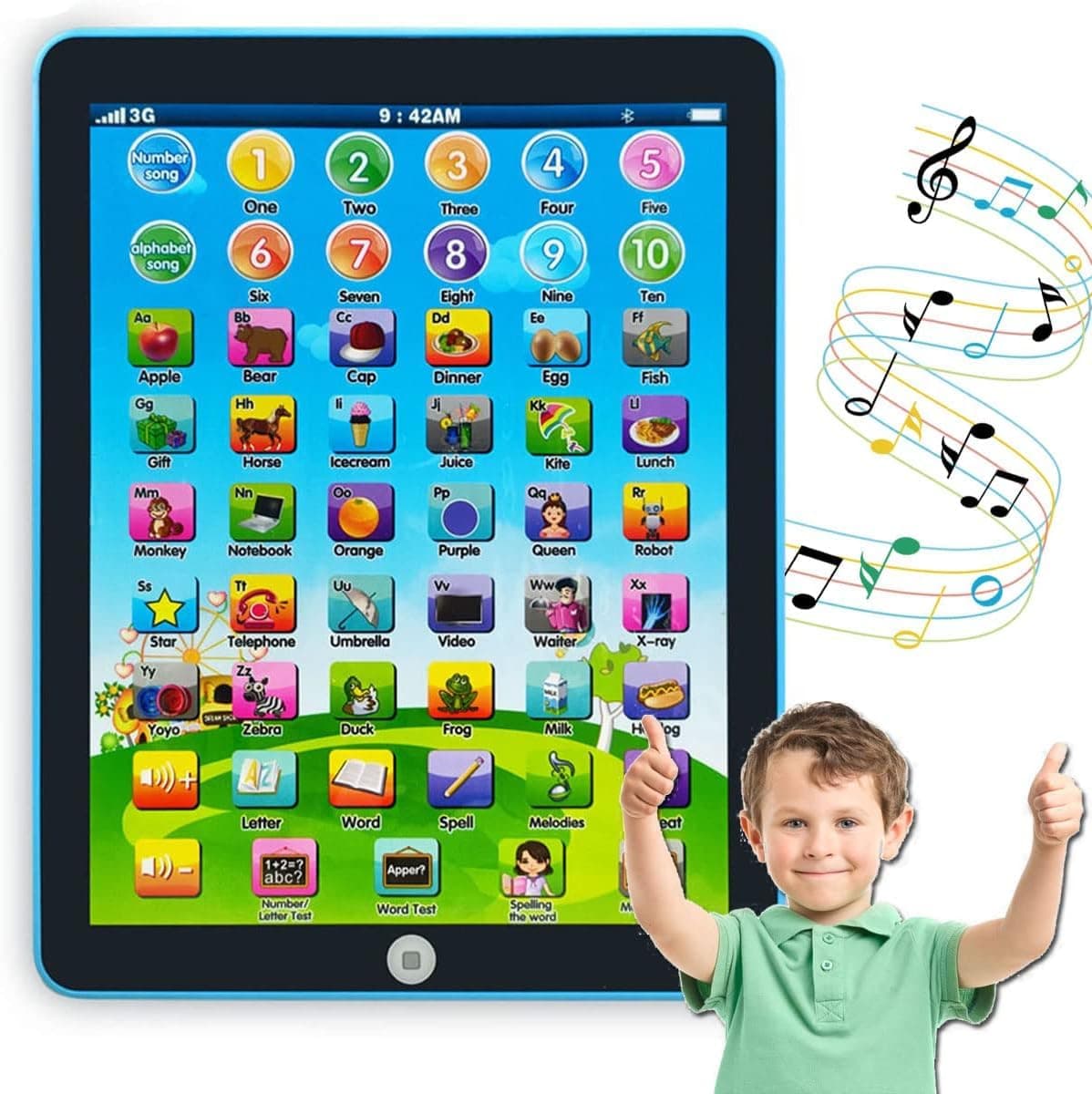 Interactive Kids Learning Pad, Toddler Educational Toy for Alphabet, Numbers, Words and Music, Preschool Electronic Learning Tablet for Boys and Girls, Blue