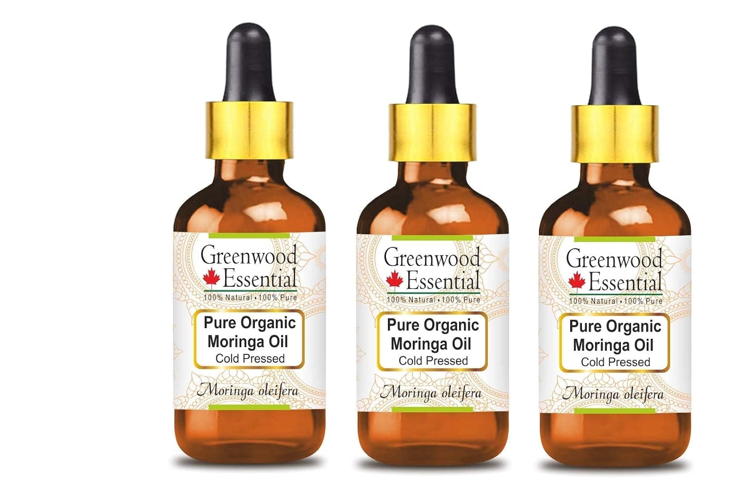 Greenwood Essential Pure Organic Moringa Oil (Moringa oleifera) Cold Pressed with Three Glass Dropper (Pack of Three) 100ml X 3 (10 oz)
