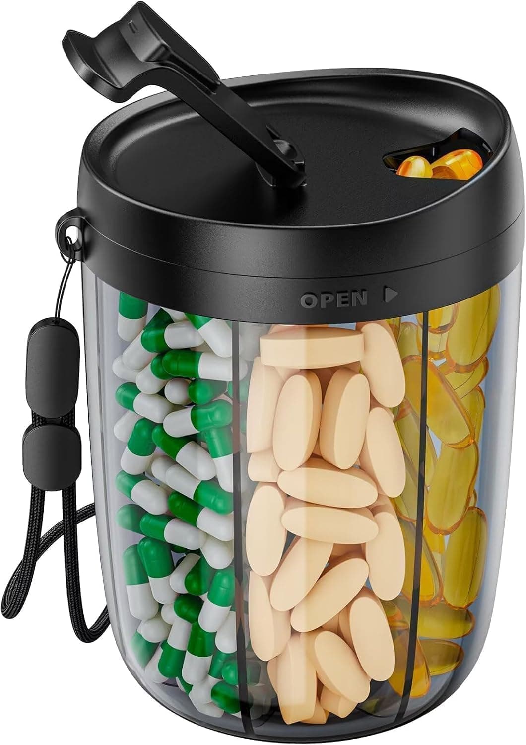 Joyzzz Pill Bottle, 7 Day Weekly Organizer with Large Compartments, Secure Locking Lid for Seniors, Portable Medication Container for Daily Vitamins, Supplements and Travel Essentials