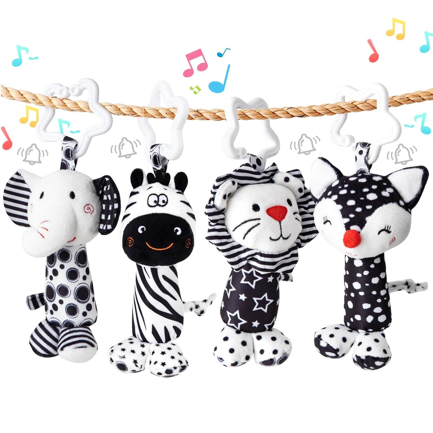 Toy for Babies from 0-6 Months - Pack of 4 Newborn Black White Sensory Toy Animal Car Seat Hanging Toy