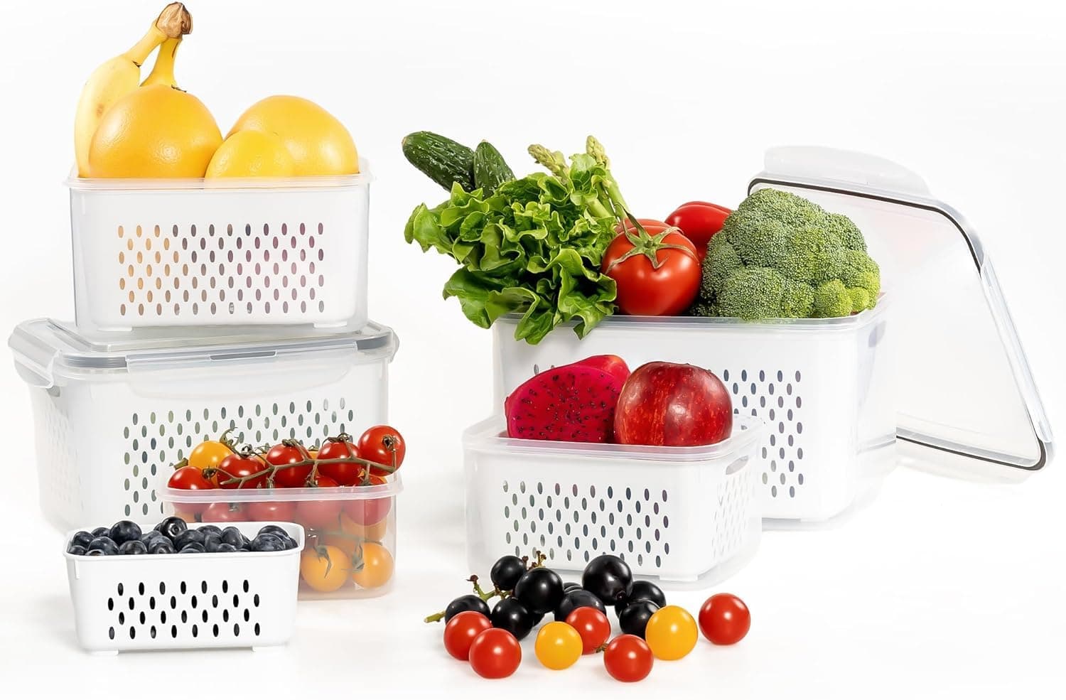 مجموعة حاويات تخزين الفاكهة للثلاجة مع غطاء وسلة تصريف من تزويق طعام منظمة في الثلاجة لتخزين اللحوم والخضروات والتوت تبقى طازجة لفترة اطول 5 قطع