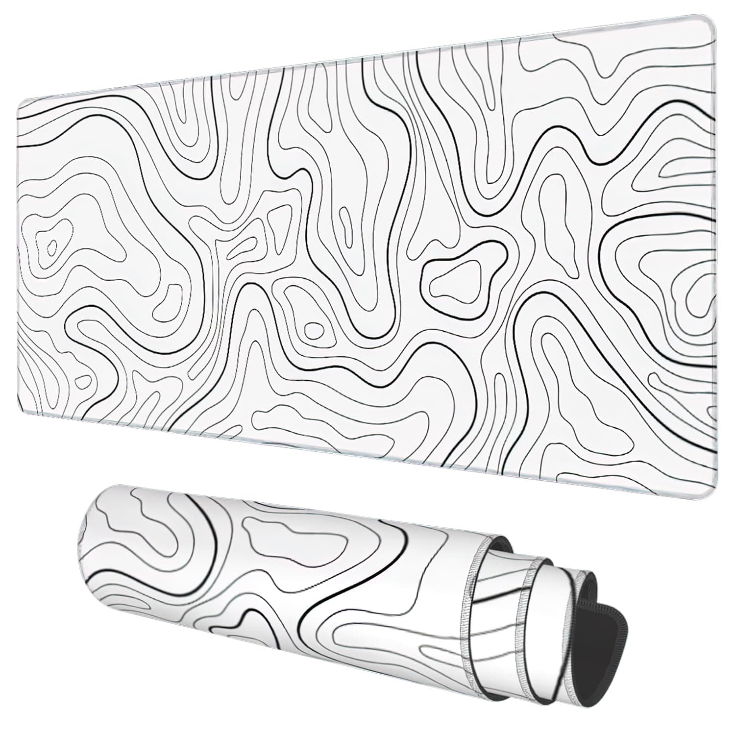Desk Mat, White Topographic Contour Map Extended Gaming Mouse Pad Large, 35.4"x15.7" Big Mouse Pad with Non-Slip Base and Stitched Edge, Long Computer Keyboard Mouse Mat for Home Office Work