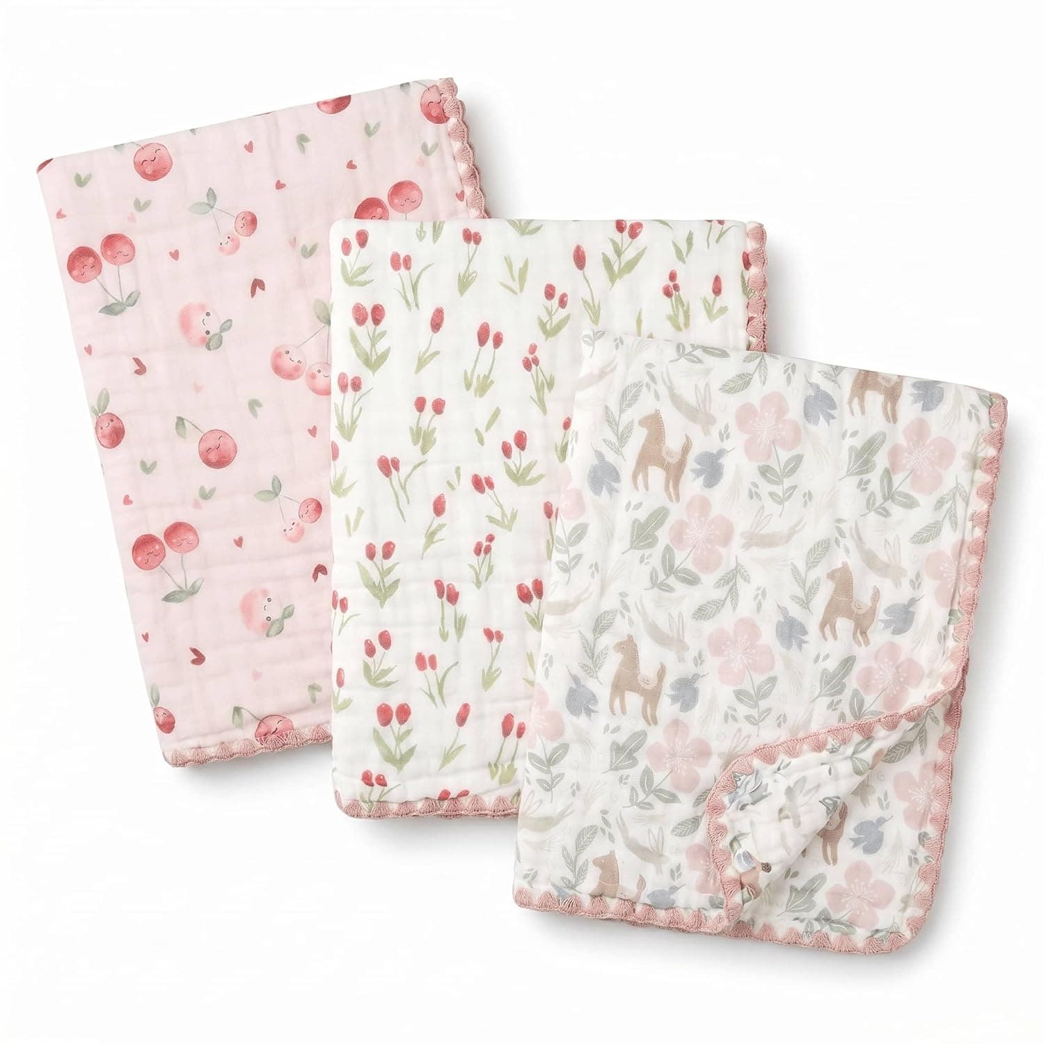 3 Pack 6-Layer Muslin Cotton Baby Burp Cloths, Ultra Soft Absorbent Newborn Washcloths, Cute Bear Print Multi-Purpose Shoulder Burp Towels for Newborns (Pink)