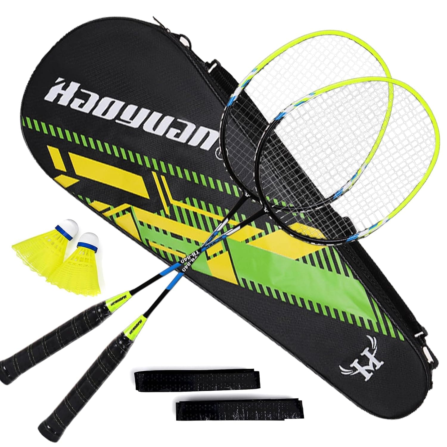 Badminton racket set with grip tape and shuttlecock, 2 Badminton Rackets - 2 PA Material Shuttlecocks, 1 Carry Bag, 2 Racquet Grips for Kid or Adult