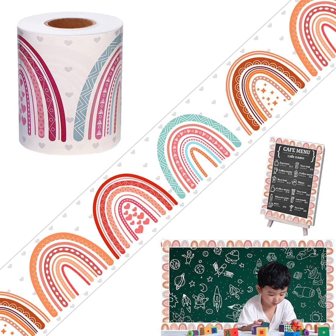 Boho Rainbow Bulletin Board Borders Stickers, KASTWAVE Bulletin Board Border Strips With Polka Dots and Hearts, Classroom or Homeschool Decor, 65 Feet Straight Borders