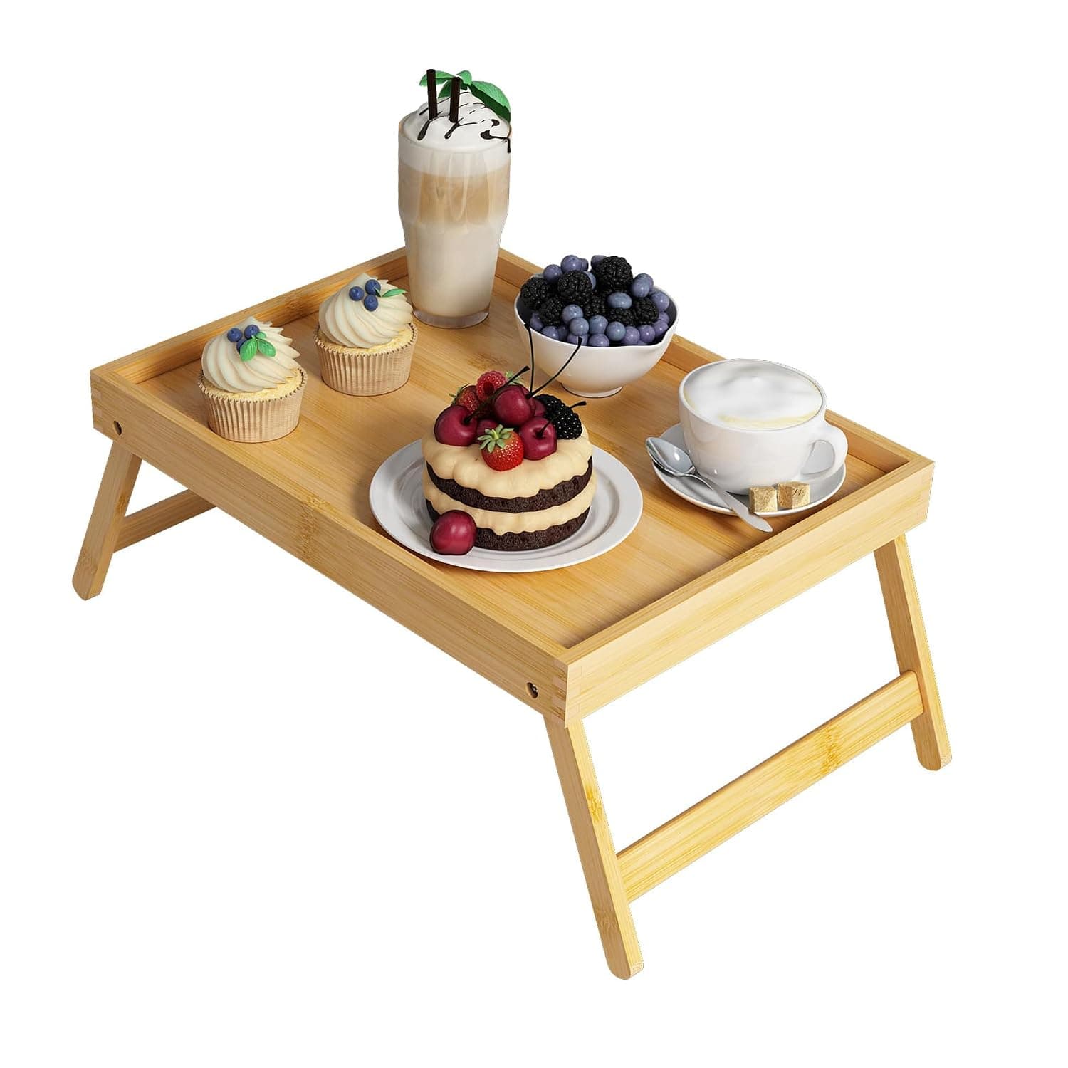 MOMENT Bamboo Bed Tray Table with Folding Legs, 50x30cm Breakfast in Bed Serving Tray for Laptop, Reading, Eating & Working,Wooden Food Snack Tray for Bed and Sofa