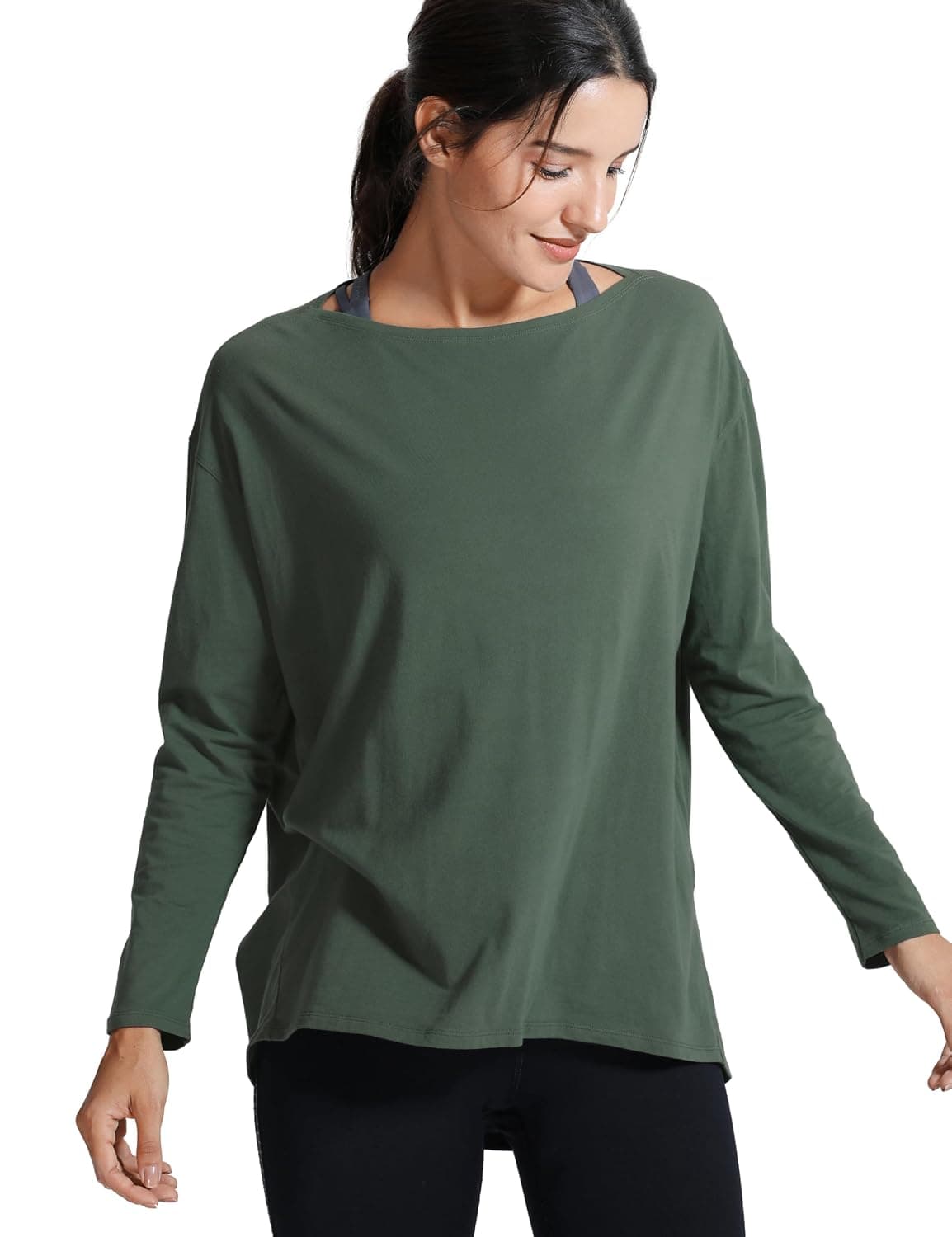 CRZ YOGA Long Sleeve Workout Shirts for Women Loose Fit-Pima Cotton Yoga Shirts Casual Fall Tops Shirts