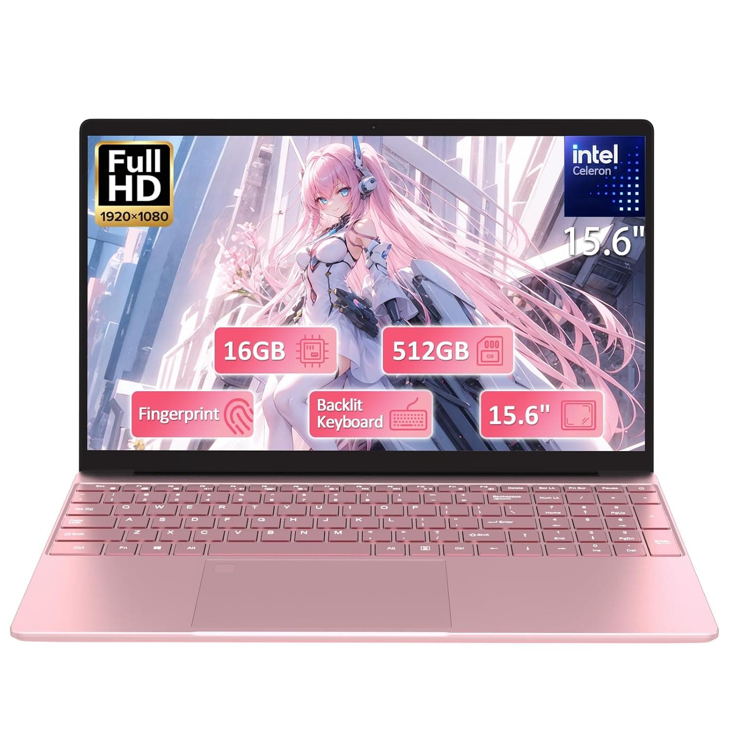15.6" FHD Student Laptop Pink,16GB DDR4 RAM 512GB PCIe SSD,Portable Laptop Computer with Backlit Keyboard,180 ° Angle Opening,Fingerprint Reader,6000mAh Battery,Webcam,WiFi 5,BT 4.2,HDMI,USB 3.0
