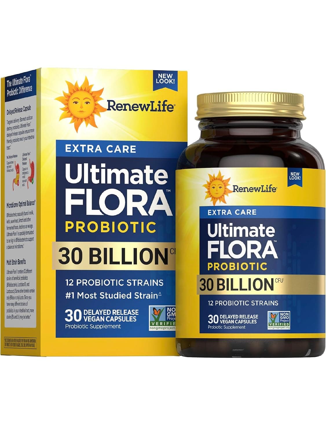 Renew Life Probiotics 30 Billion CFU Guaranteed, 12 Strains, For Men & Women, Shelf Stable, Gluten Dairy & Soy Free, 30 Capsules, Ultimate Flora Extra Care - 60 Day Money Back Guarantee | 30 Delayed Release Vegan Capsules | Microbiome Balance | Dairy, Soy and Gluten Free