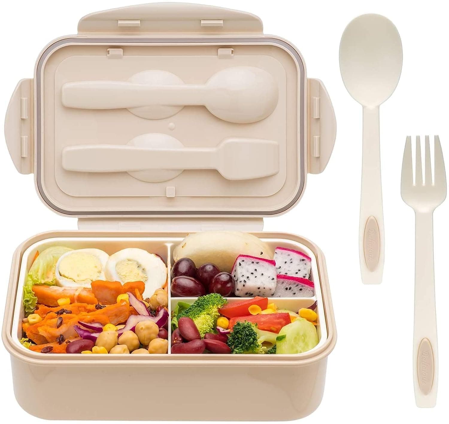 YumLock Bento Box, 3 Compartments 1400ml Lunch Box For Kids and Adults with Reusable Spoon and Fork, Leakproof Food Container for On the Go Meal, Microwave Safe (Khaki)