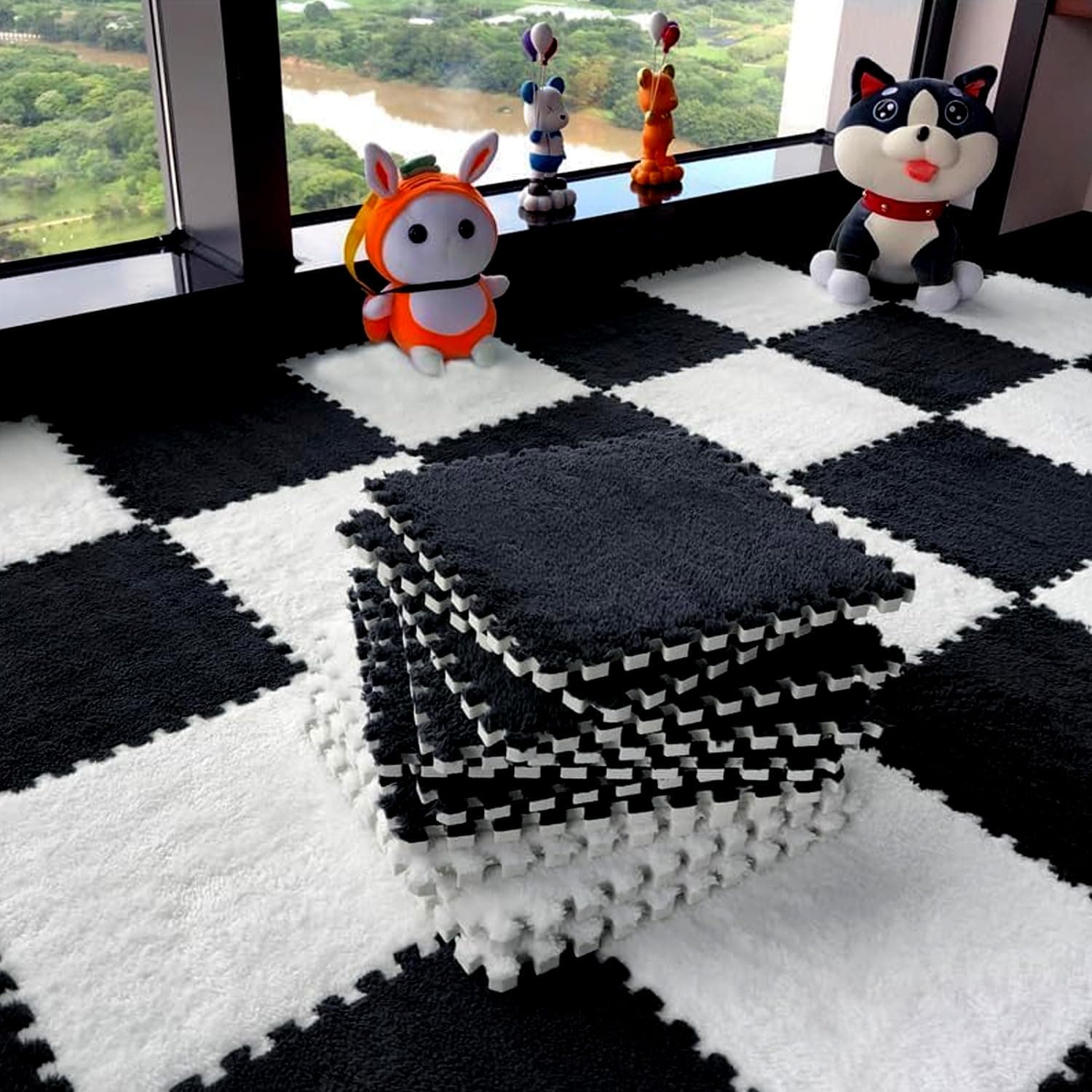 LinJie Foam Play Mat,12Tiles Plush Puzzle Floor Mat,Plush Interlocking Floor Mat,for Gym/Nursery/Playroom/Playroom - Kids Toddlers & Babies(30x30cm)