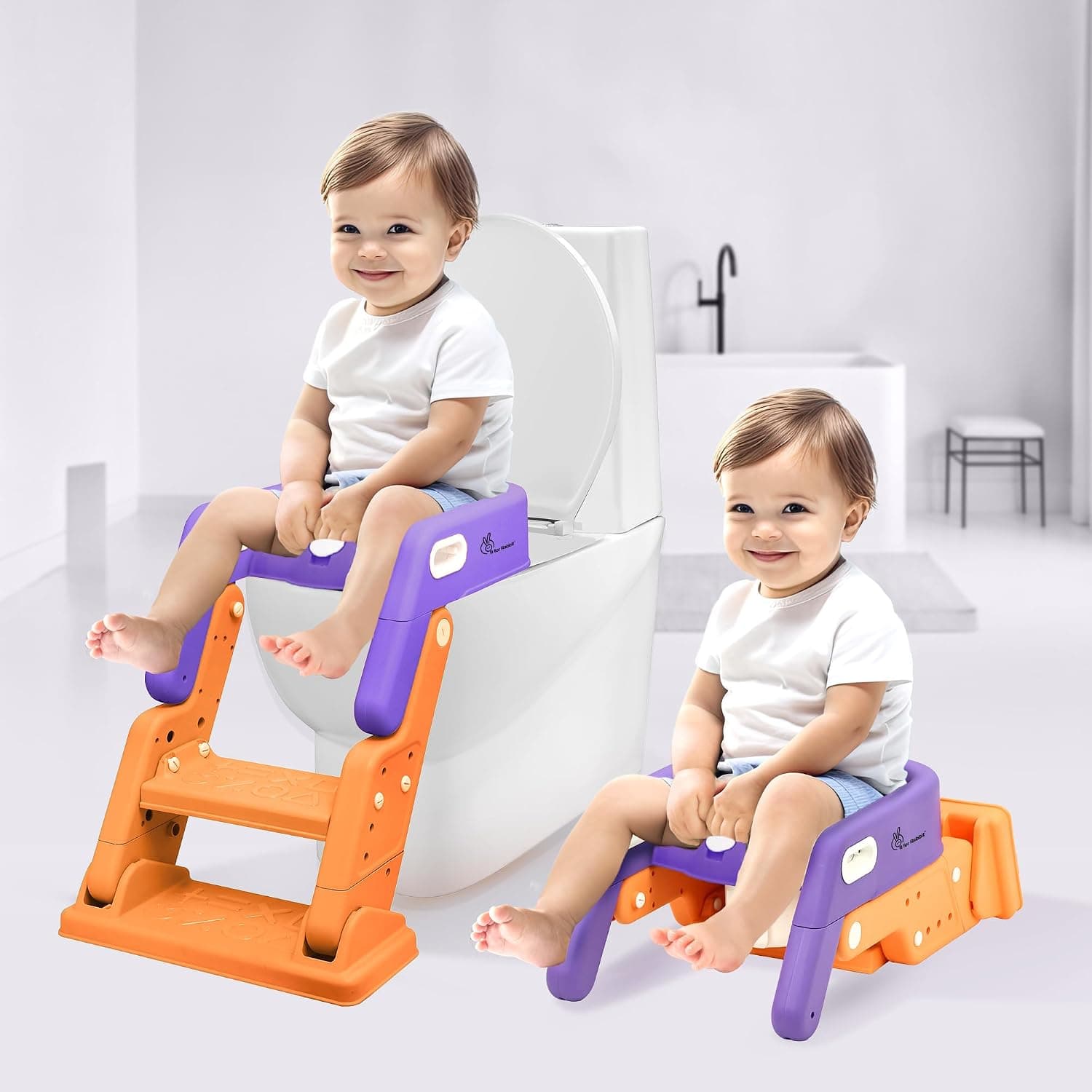 R for Rabbit Hilltop Booster Potty Seat & Step Stool 2-in-1 Multipurpose Anti-Skid Base Adjustable Foldable Supportive Backrest & Soft Cushion Toilet Seat for Kids Baby 1 to 7 Years (Purple Orange)