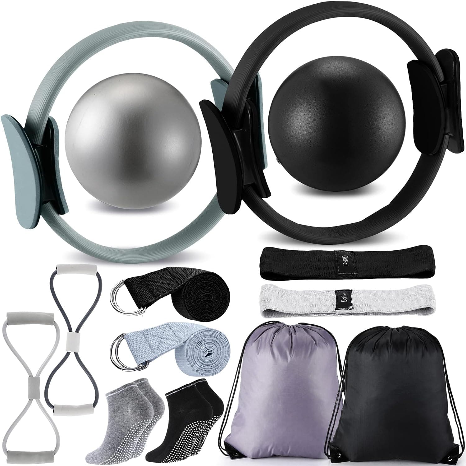 Poen 14 Pcs Pilates Ring and Ball Set for Women Pilates Ring Circle Ball with Stretching Strap 8 Resistance Bands Non Slip Socks Gym Back Bags Exercise Equipment for Workout