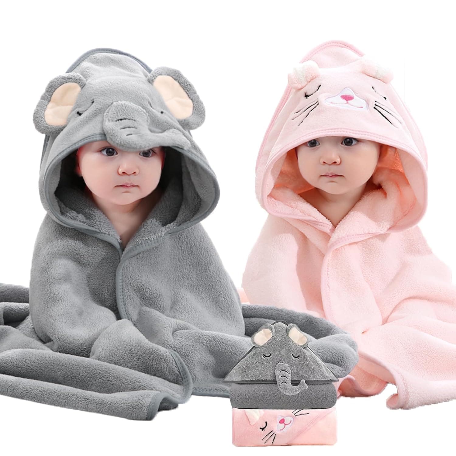 ALMEKAQUZ Baby Hooded Towel, 2-Pack Essentials with 31.5x31.5 inch, 2 Designs, Soft Absorbent Bath Towel for Boy and Girl