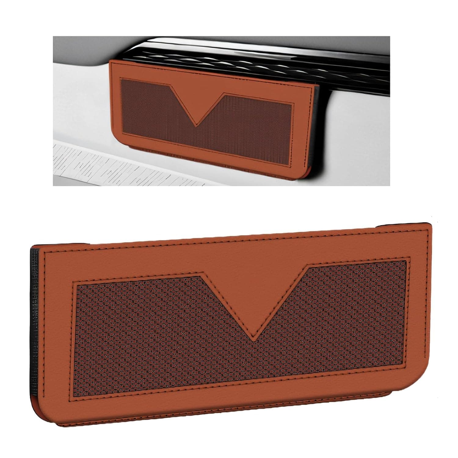 Car Interior Organizer and Storage Pouch for Sunglasses and Mobile Phones, Self Adhesive PU Leather Side Pocket for Vehicle Door and Dashboard, Brown and Orange