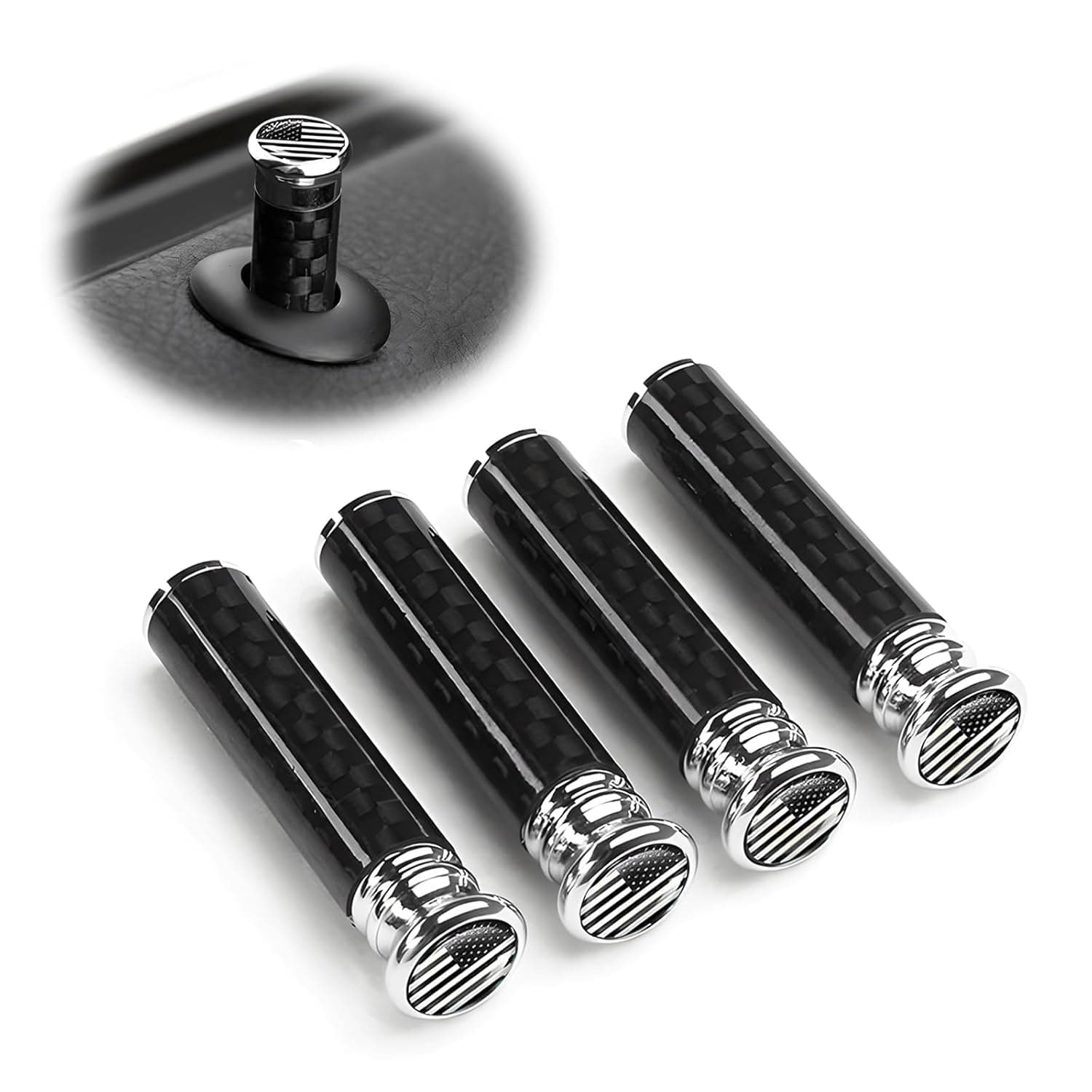 4 PCS Car Door Lock Knobs, Carbon Fiber American Flag Auto Door Lock Pin Covers, Vehicle Doors Bolt Pin Cover Interior Decoration for Cars Trucks SUVs, Car Accessories (Black&White)