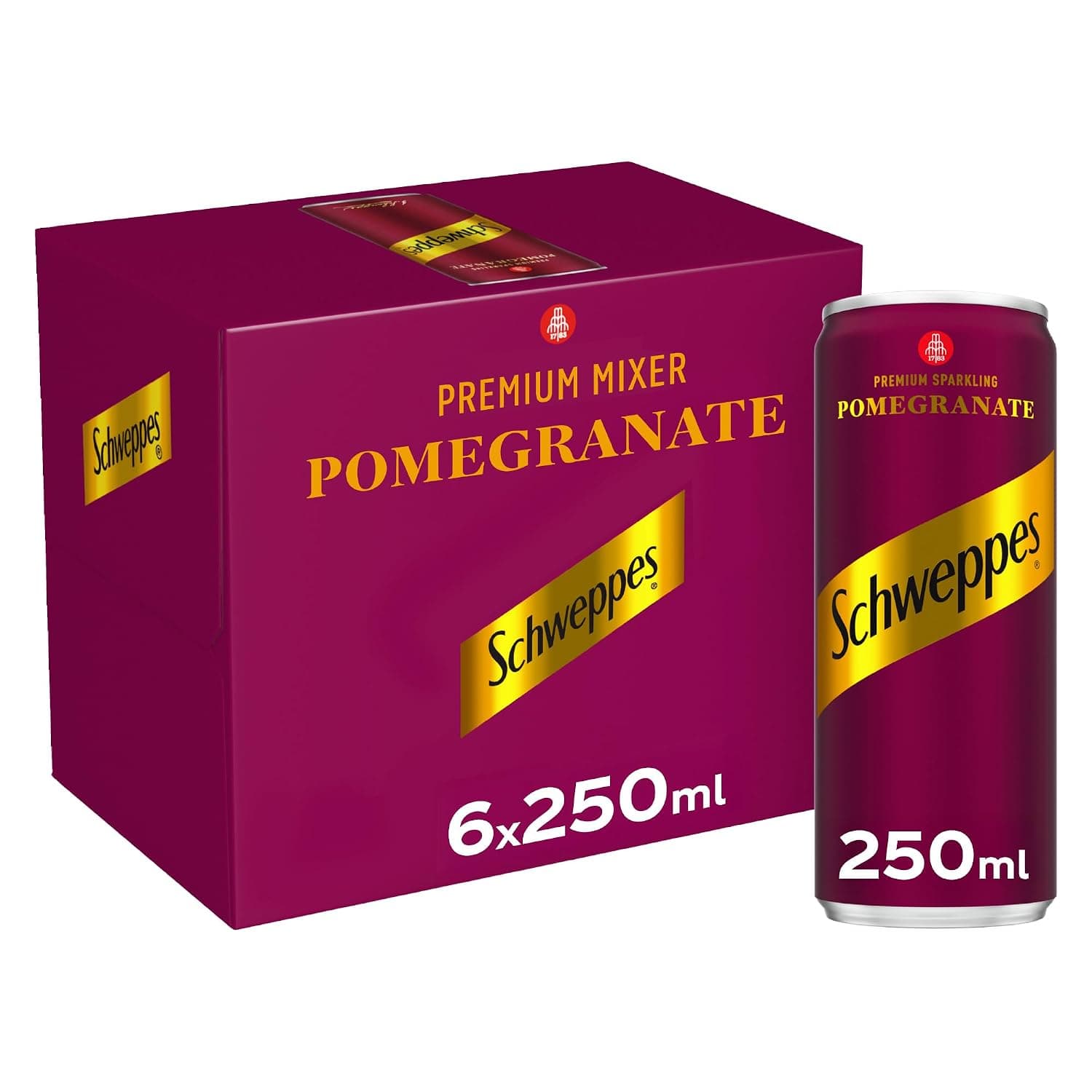 B0D3HGVQ85– Schweppes Pomegranate Pack of 6 x 250 ml, Premium Carbonated Drink Full of Flavour and Freshness, Schweppes The Perfect Companion with Your Meals