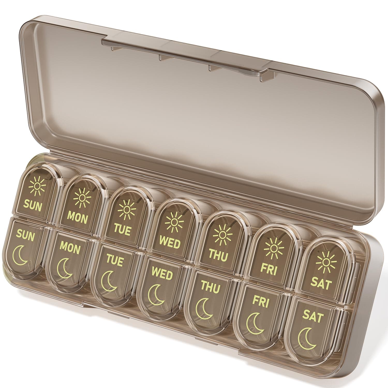 Betife AM PM Pill Organizer 7 Day, Weekly Pill Organizer 2 Times a Day, Daily Pill Box AM PM, Portable Travel Medicine Case, Day and Night Pill Container for Medication, Vitamin or Supplement（Brown）