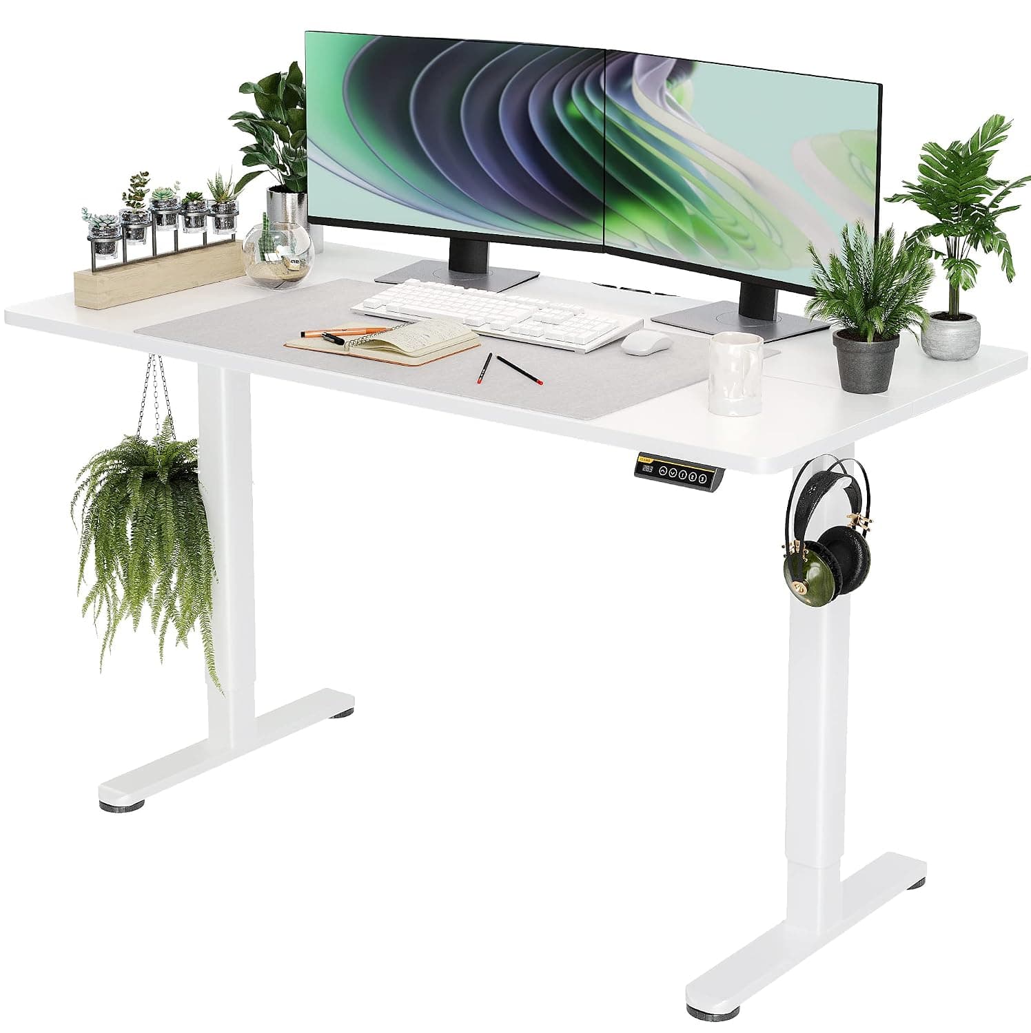 Electric Standing Desk, Adjustable Height Stand up Desk, 55x24 Inches Sit Stand Home Office Desk with Splice Board, White Frame/White Top