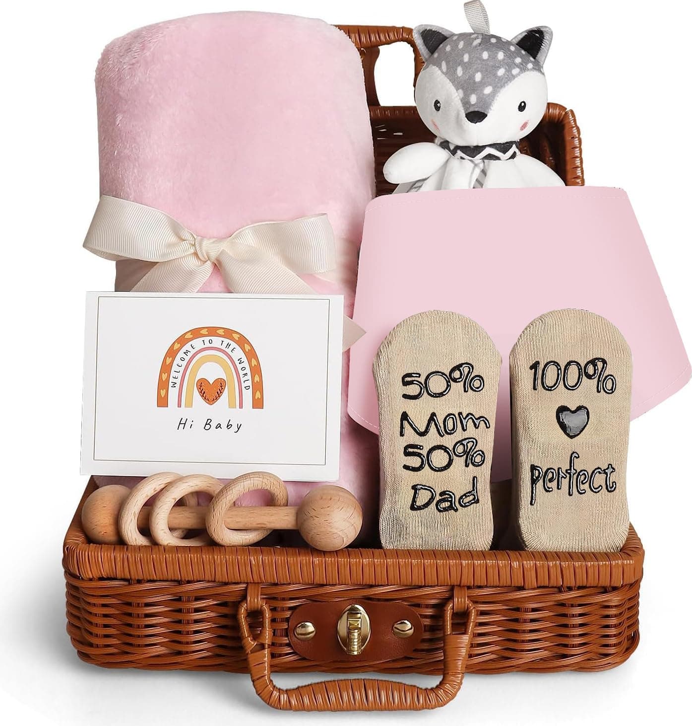 Baby Gift Basket, Newborn Gift Set with Baby Baby Rattle, Newborn Baby Gift Set, Newborn Baby Gifts, Medium Baby Gift Basket Kit for Expecting Moms（PINK）