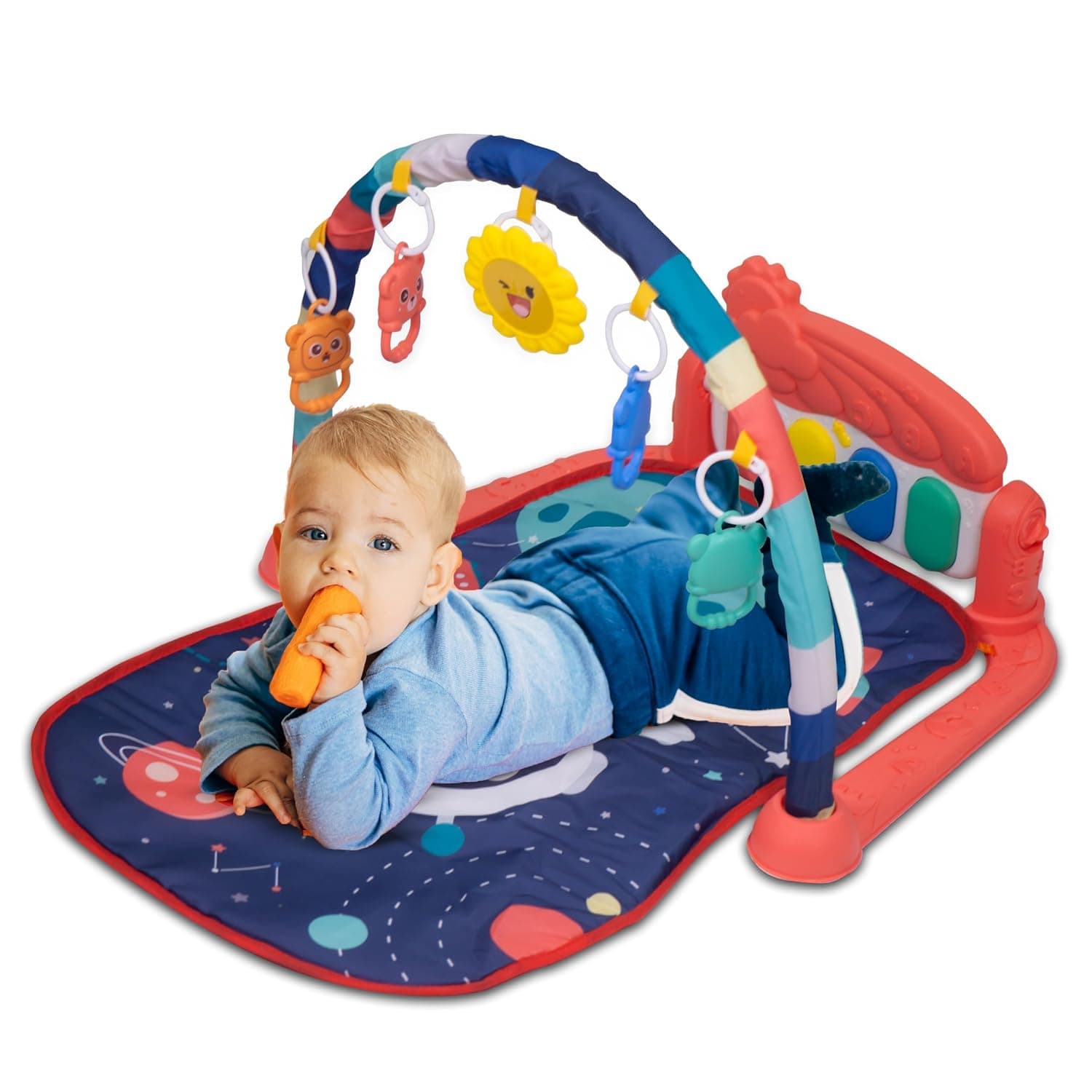 Baybee 2 in 1 Baby Play Mat & Play Gym For Infants/Newborn Babies With Musical Piano Play Mat & - Kick And Play - Hanging Toys Rattle - Gift for Baby 0-36 Months Blue