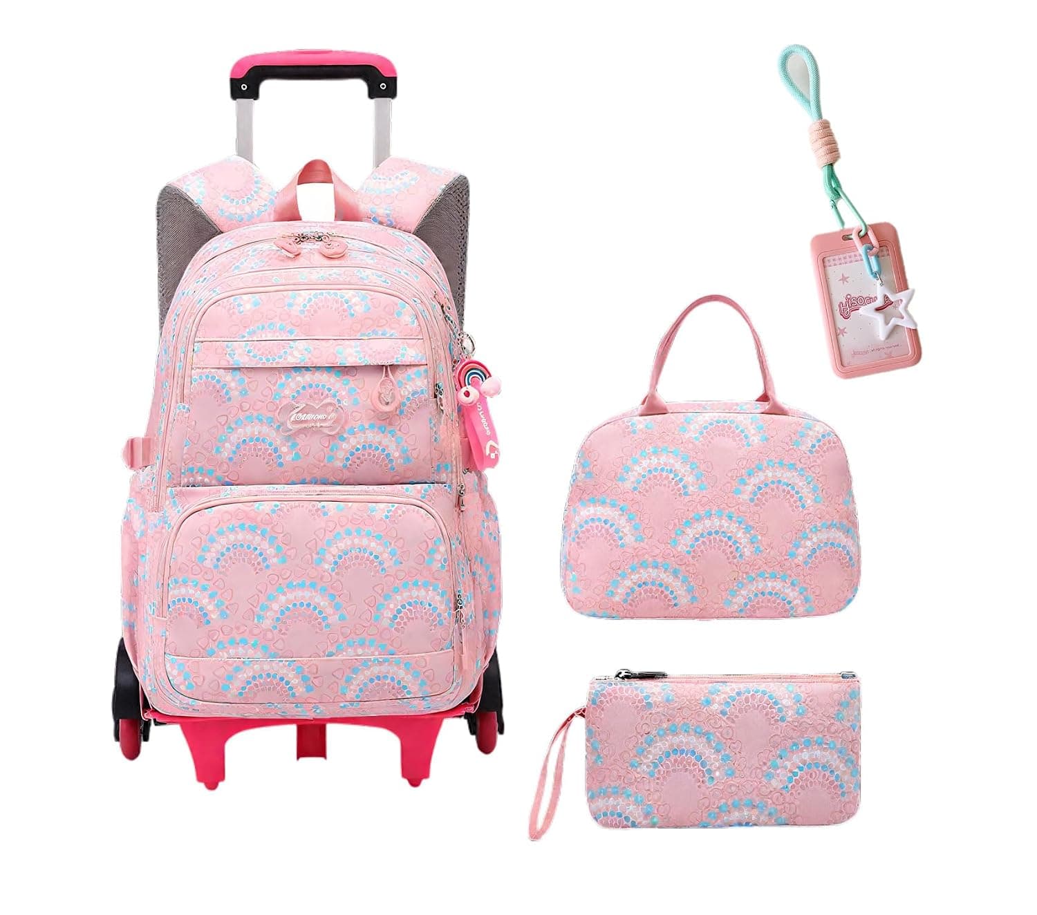Rolling School Backpack Set with Lunch Bag and Pencil Case, Pink and Blue Fan Pattern, 3-Piece Travel Trolley Luggage
