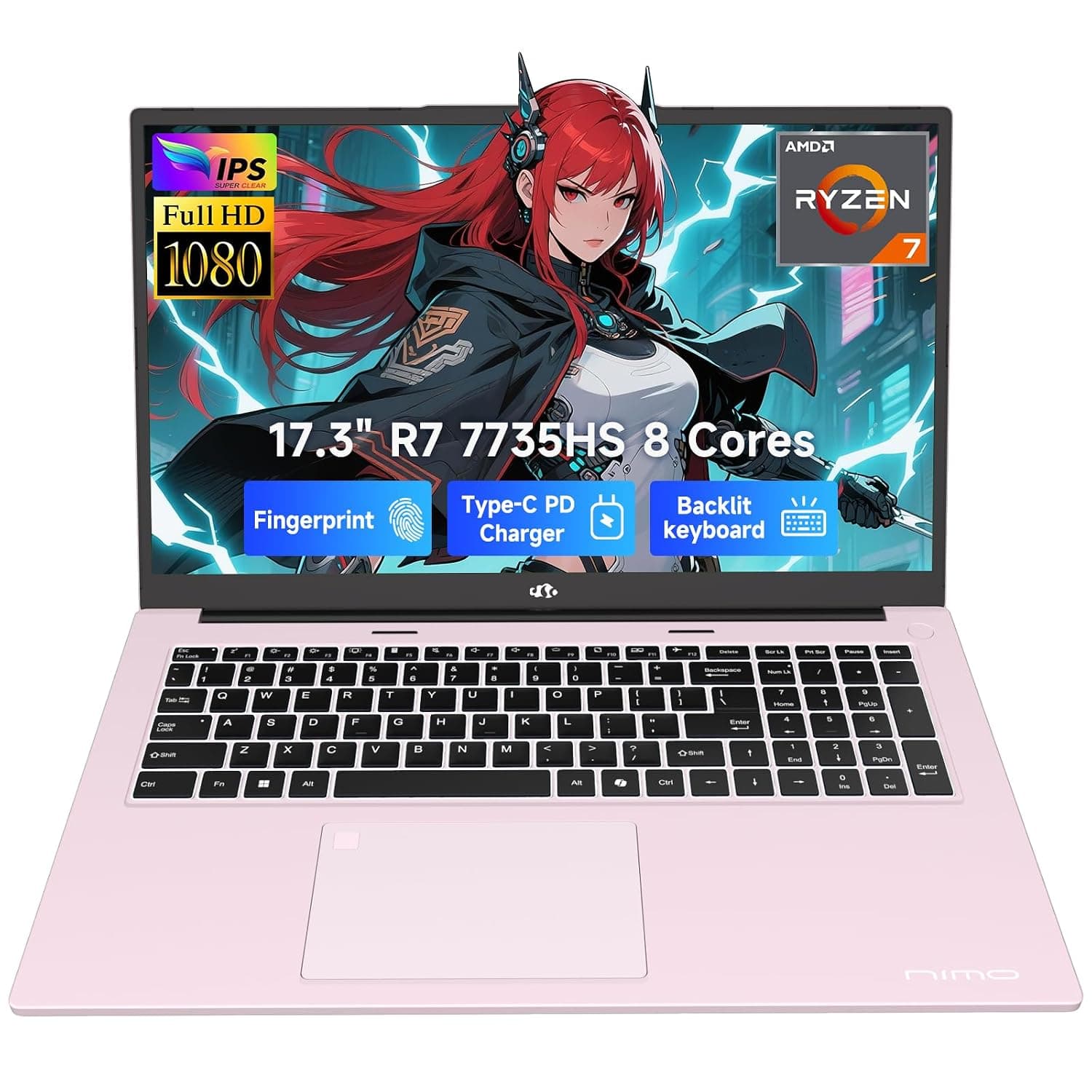 NIMO 17.3" Gaming-Laptop, AMD Ryzen 7 7735HS (8C/16T, Beats i7-12650H) 32GB DDR5 RAM 1TB SSD Computer with Radeon 680M, 100W Type-C Charger, Wi-Fi 6E, 75Wh Battery, Fingerprint, Backlit Keyboard