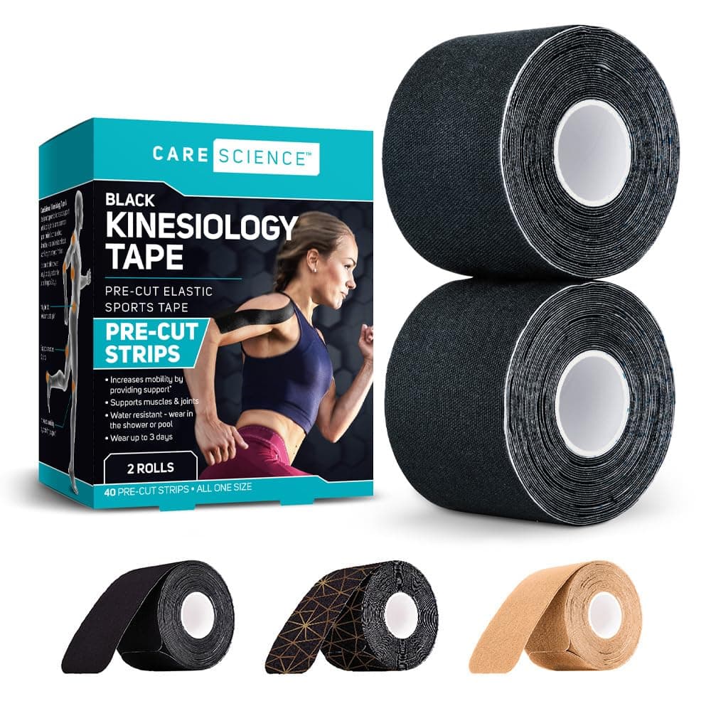Care Science Waterproof Kinesiology Tape, 40 ct Precut Strips (2 Rolls), Black | Elastic Sports & Weightlifting Tape Supports Muscles & Joints. Water Resistant | Elastic Sports & Weightlifting Tape Supports Muscles & Joints. Water Resistant.