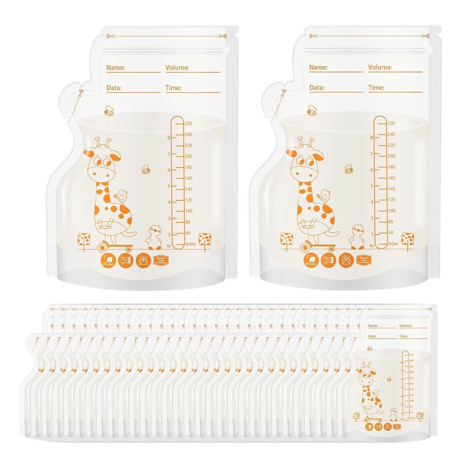 Joyzzz Breastmilk Storage Bags, 30 Pack 8.5 Ounce Pre-Sterilized BPA Free, Gusseted Standing, Write-On Labels for Easy Milk Storage, Double Zip Seal Leakproof, Flat Freeze Space Saving
