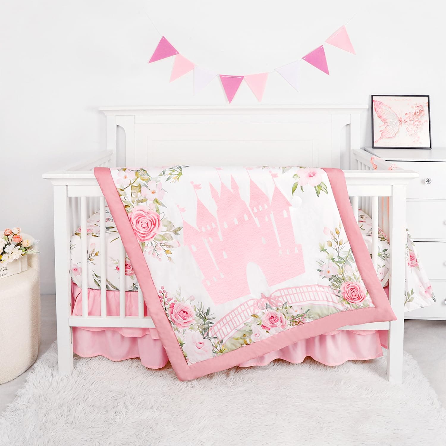 TANOFAR 4-Piece Crib Bedding Set for Baby Boy Girls, Floral Castle Nursery Bedding Set Includes Comforter, Fitted Crib Sheet, Crib Skirt, and Diaper Stacker, Pink