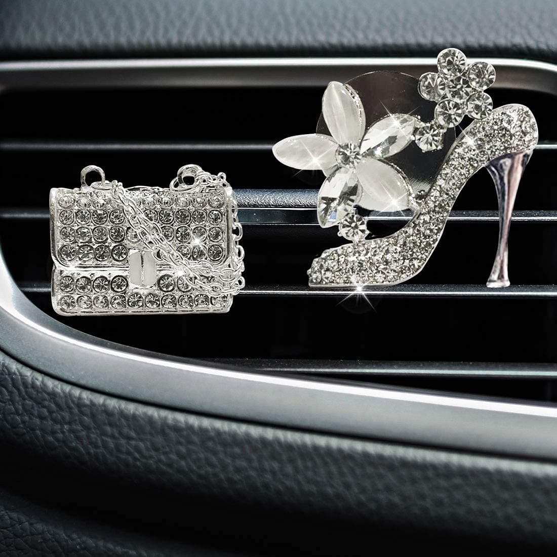 Automotive Interior Crystal High Heel Shoe & Magic Bag Car Air Vent Clip Charm Bling sparkly bedazzled rhinestone Car Bling Accessories，Car Interior Decoration Charm，Rhinestone cute Car Decor girls