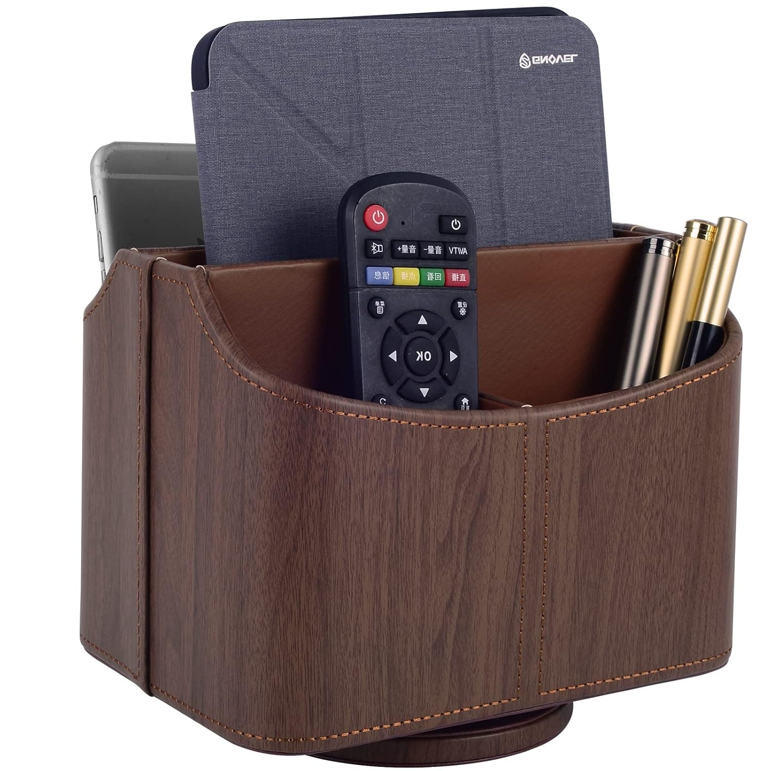 Brown 360 Degree Swiveling TV Remote Control Holder/Caddy, Leather Desk Organizer for Office and Home Furniture Decoration Storage Box(Dark wood grain)