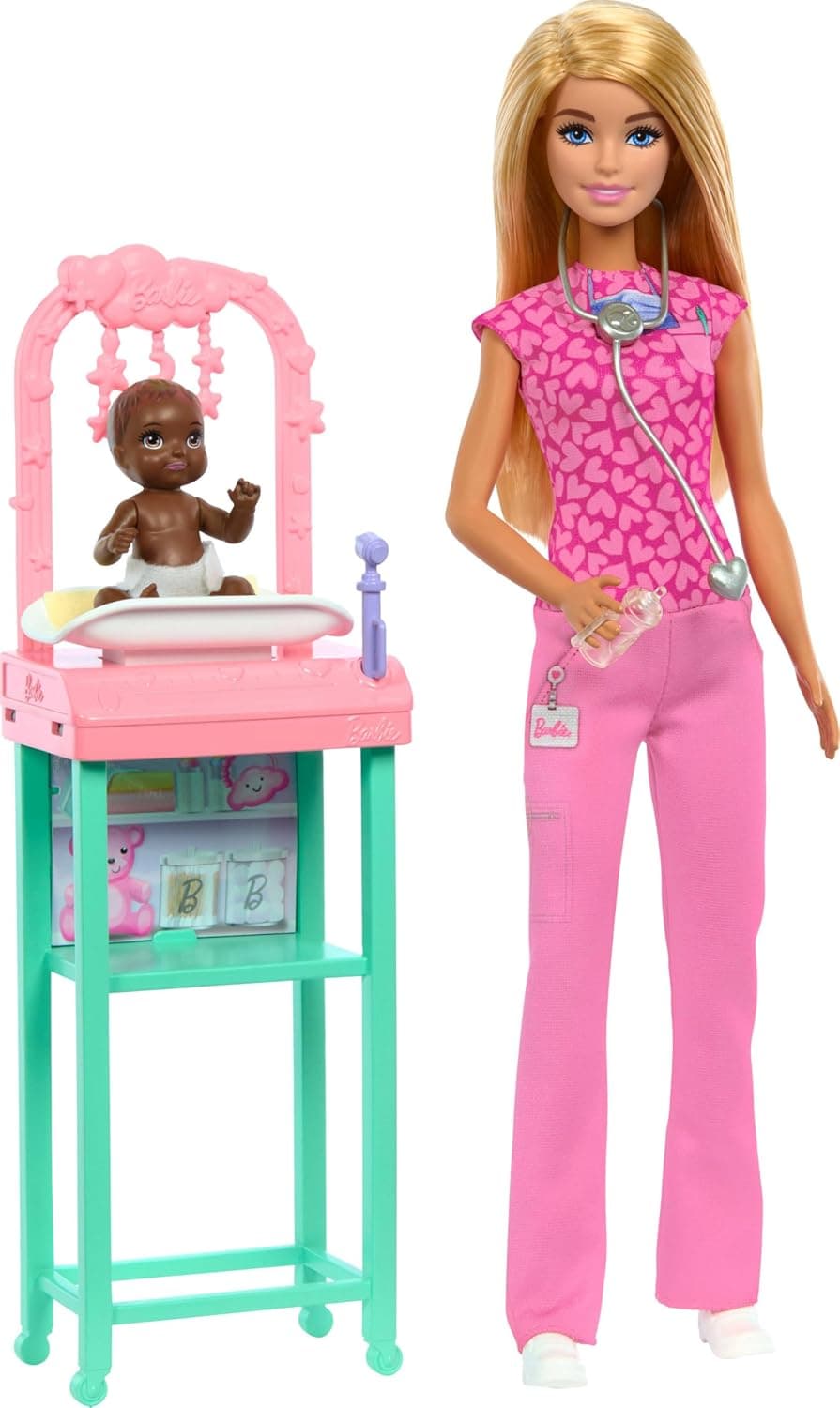 Barbie Barbie Pediatrician Set with Blonde Doll in Pink Work Outfit, 1 Baby Doll, Baby Furniture and Accessories, JCR72