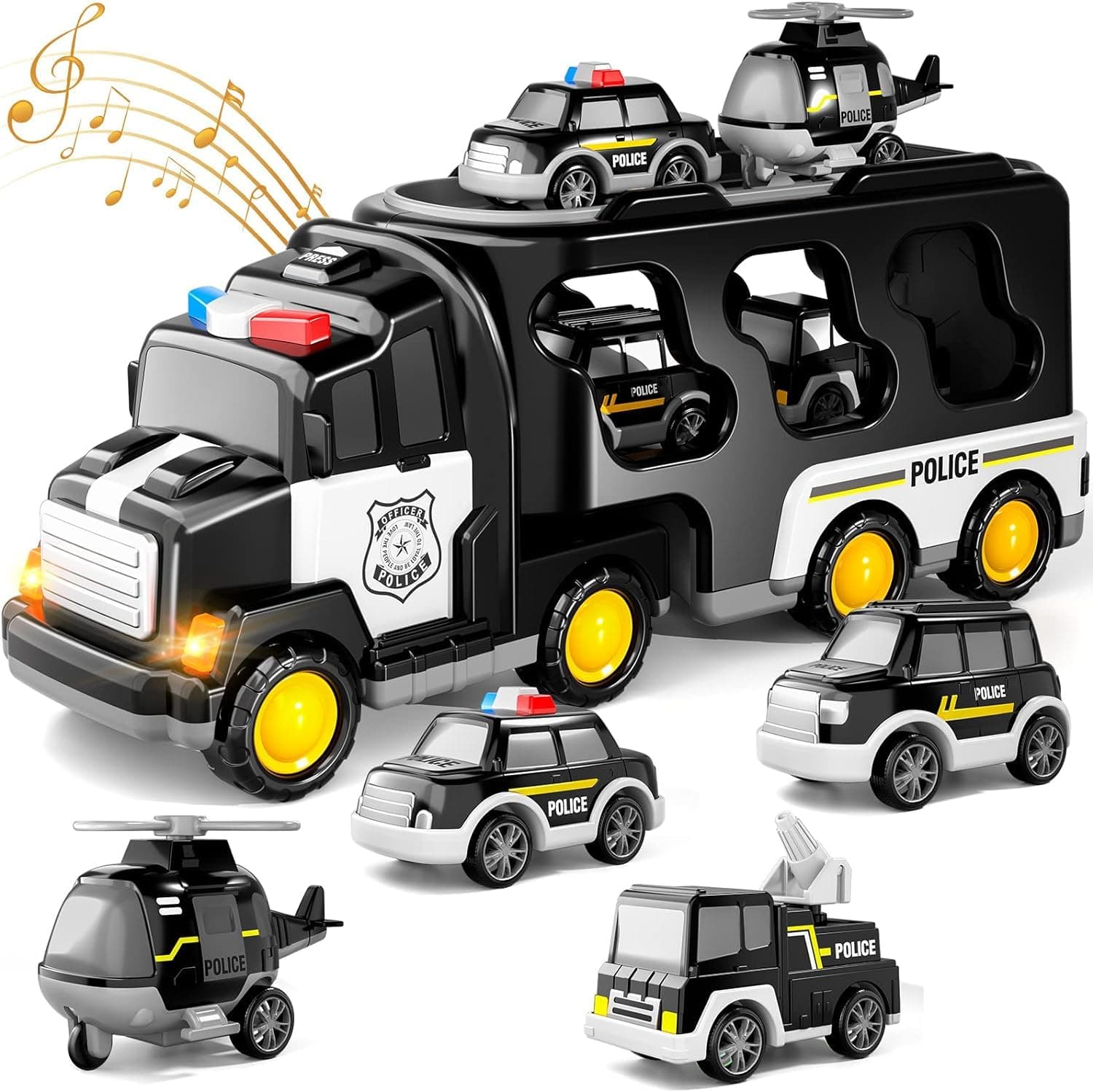 Soofam Police Truck Toys for Toddler, 5-in-1 Friction Power Emergency Vehicle, Police Car Toy for Toddlers 3-5, Carrier Truck Toys for Kids 3-5, Christmas Birthday Gift for Boys and Girls Age 3-9