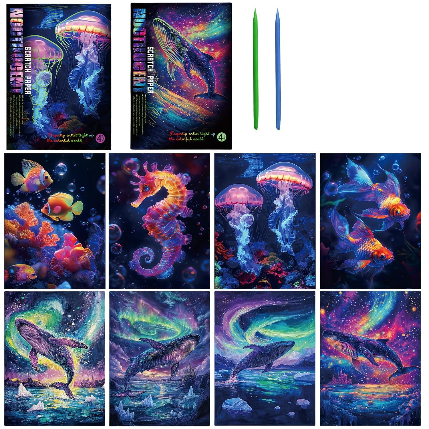 Luminous Scratch Art Kit, 8 PCS Rainbow Scratch Paper with Stylus Tools, Glow in The Dark Creative Craft for Kids and Adults, DIY Art Supplies for Relaxation, Home Decoration