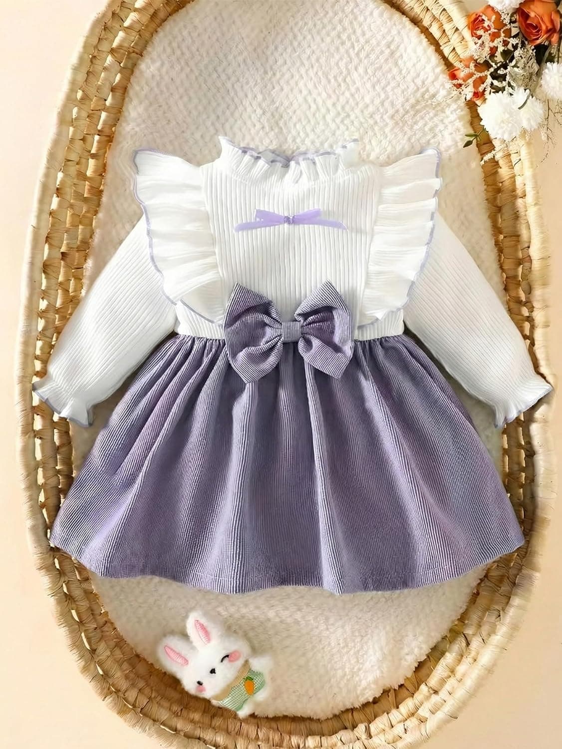 Baby Girl White and Purple Dress Ribbed Long Sleeve Bow Front Outfits Infant Newborn Clothing Set A-Line Skirt Dress