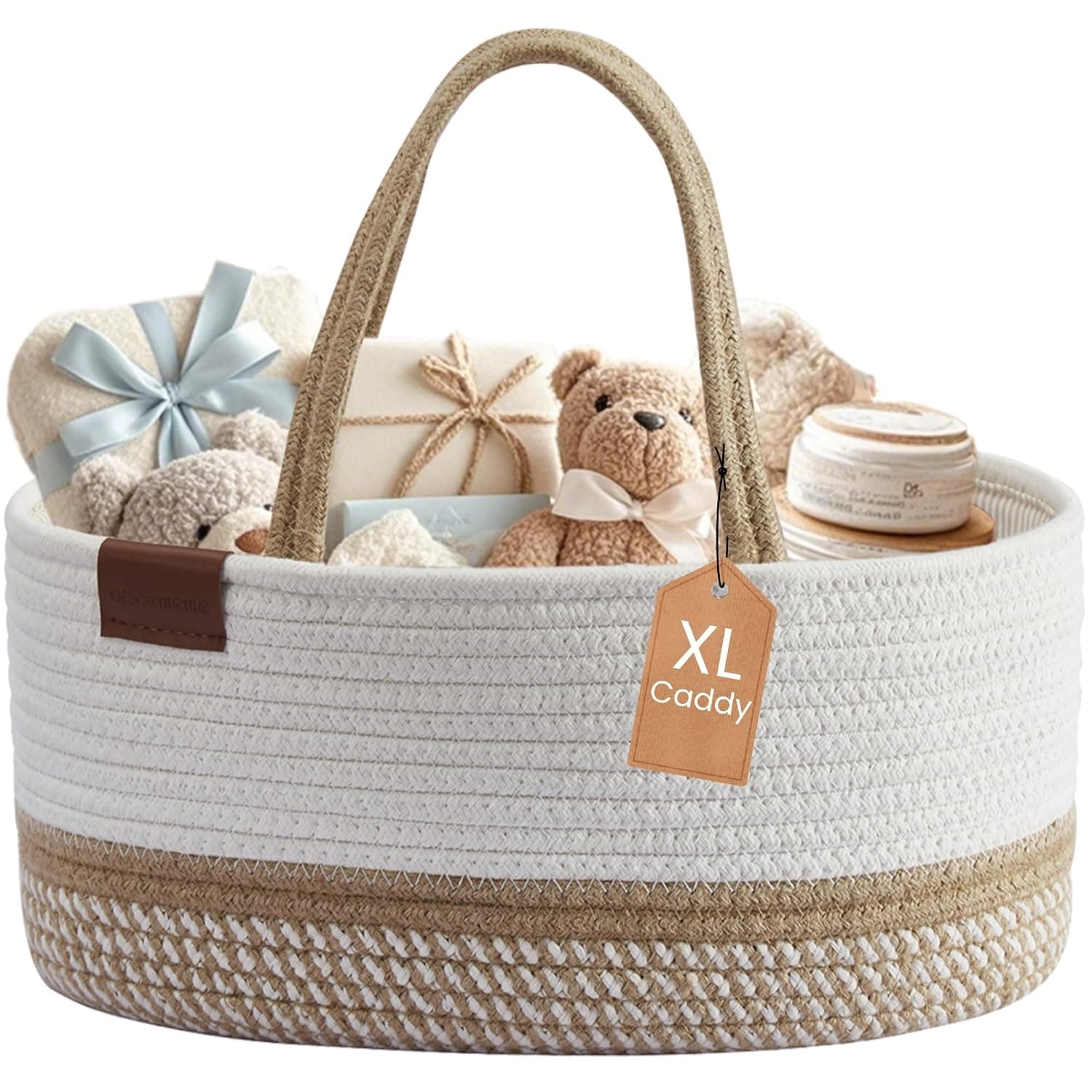 DECOMOMO Diaper Caddy Organizer Portable Rope Nursery Storage Basket W/Removable Divider | Great for Nursery/Baby Gift/Toys/Stationary/Makeup/Kitchen (Spiral Beige & White, Extra Large) | Baby Gift Basket, Baby Essentials for Newborn(Spiral Beige & White, Extra Large)