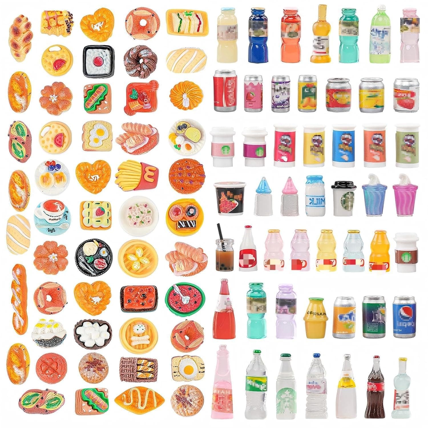 100 PCS Miniature Food Drink Bottles Soda Pop Cola Cake Ice Cream Cans Pretend Play Kitchen Game Party Accessories Toys for 1/12 Doll House Mixed Mini Resin Figures Favor Toy Dollhouse Decorations