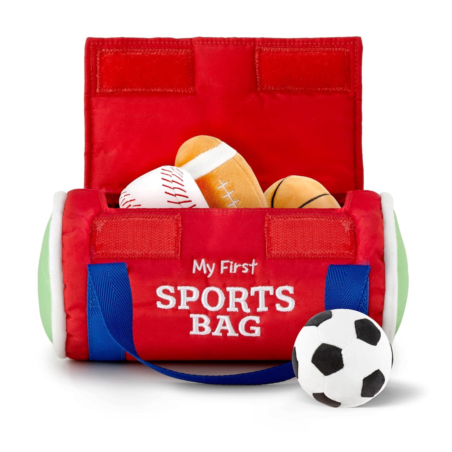 Kidaddle Baby's First Sports Bag, Plush Sensory Balls for Baby with Travel Bag, Baby & Toddler Sports Bag with Rattling Baby Football, Sqeaky Soccer Ball, Crinkle Baby Baseball Toy, and More!