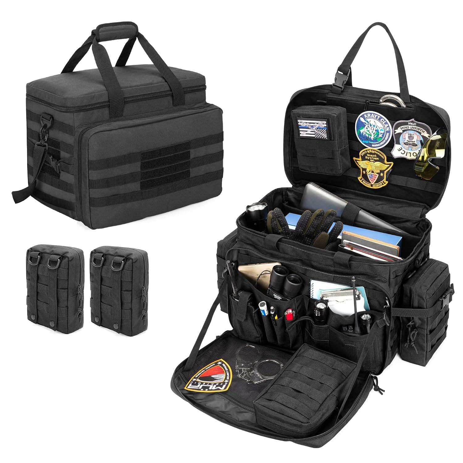 SAMDEW Patrol Bag Law Enforcement, Duty Bag for Police Equipment with 2 Detachable MOLLE Pouches & Laptop Layer (up to 15.6"), Police Bailout Tactical Organizer for Car Front Seat, Black, Bag Only | Car Front Seat Duty Bag for Police Equipment, with Laptop Layer up to 15.6", for Police Officer Law Enforcement, Work, Travel