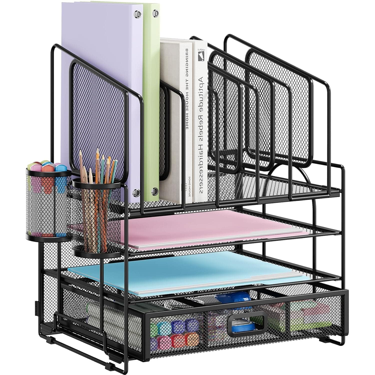 Desk Paper Organizers and Accessories,4 in 1Desk Organiser Tray,2 Tier Letter Paper Trays,5 Vertical File Stand,2Pen Holders and 1Drawer for Office School Home Tidy Accessories & Workspace Organizers
