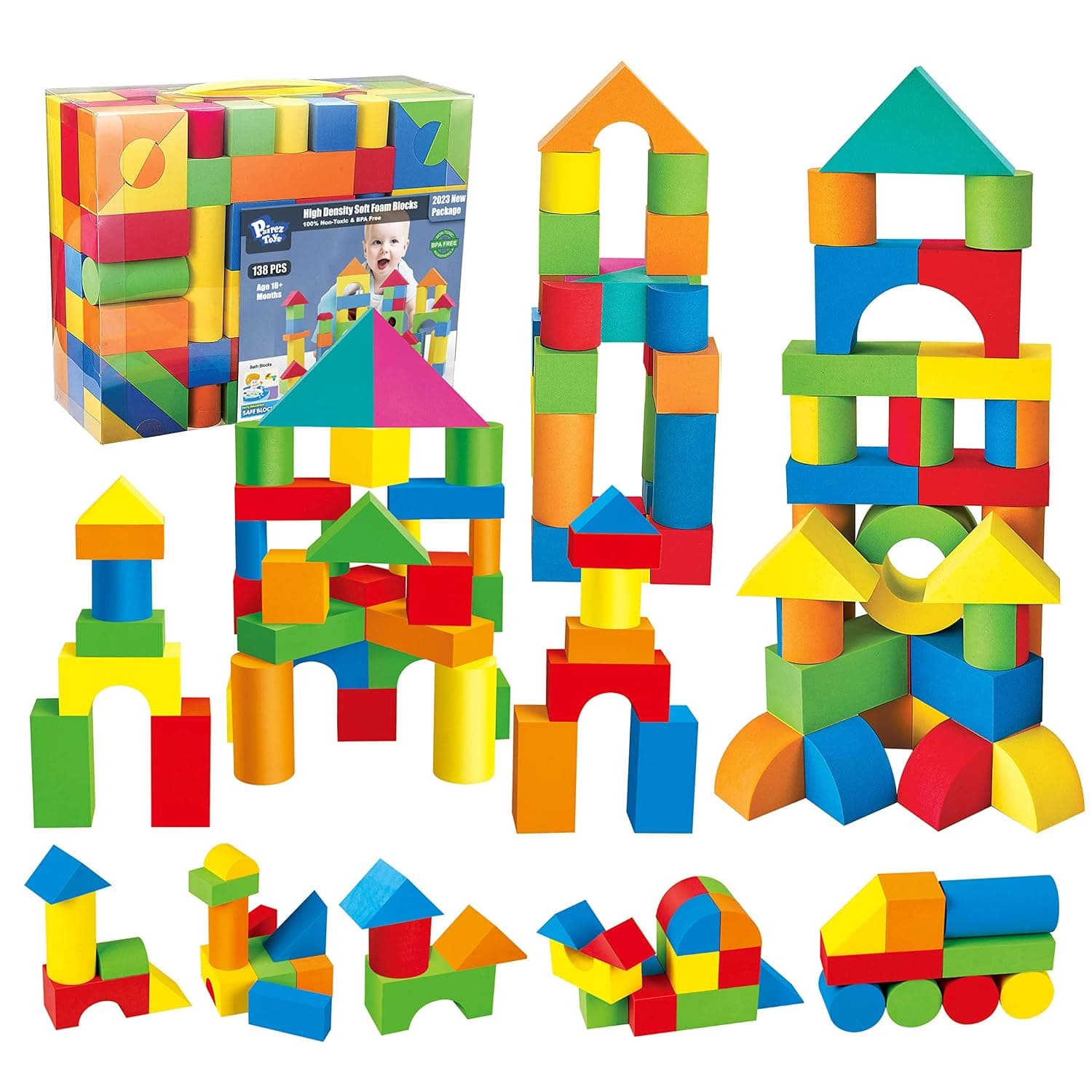Foam Blocks for Toddlers, 138 Pieces EVA Soft Stacking Building Blocks Toy | Preschool Activities, Early Learning Construction Toys & Gifts for Kids, Boys & Girls 18+ Months 1-3 Years