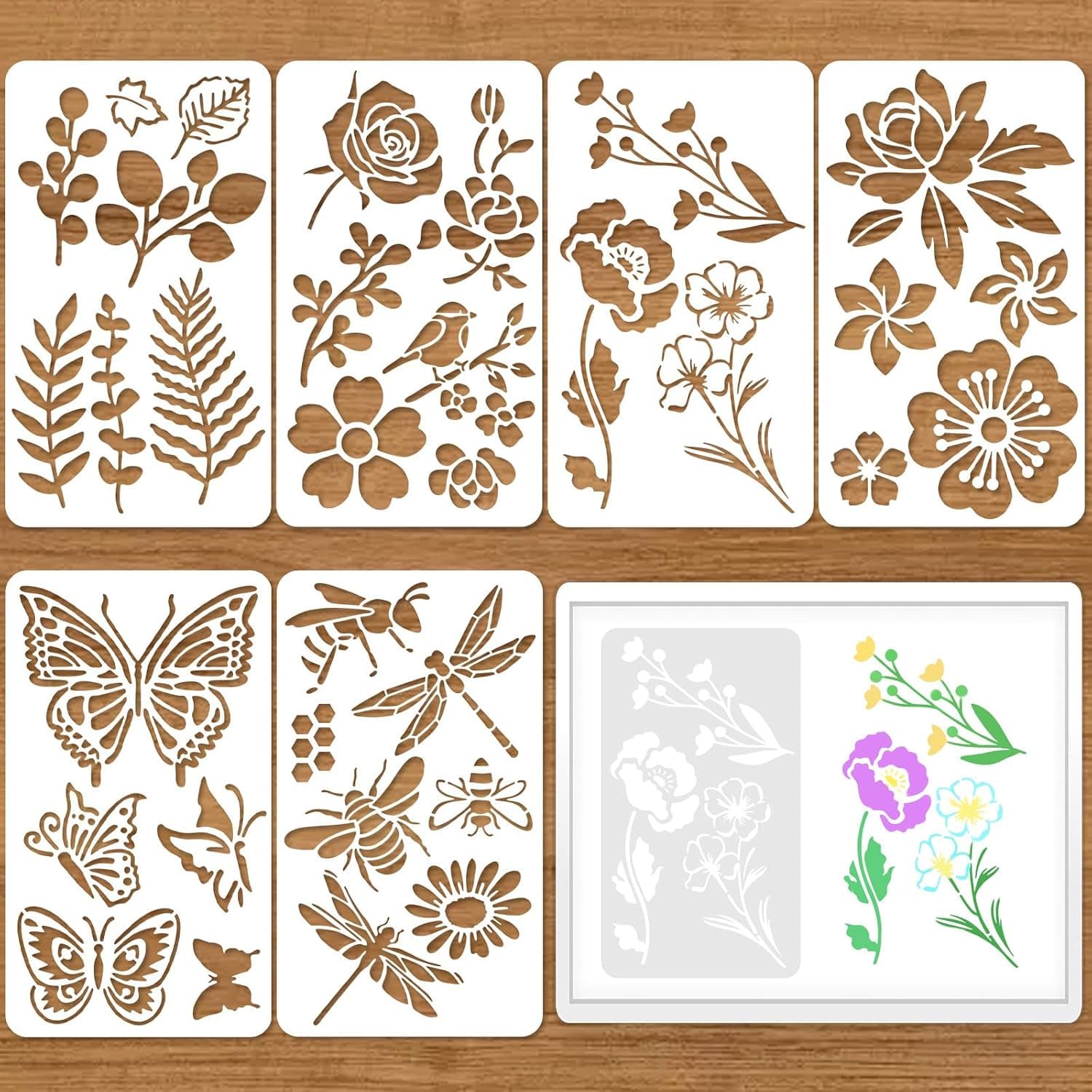 6 Pcs Mixed Metal Wood Burning Stencils, Stencil for Painting on Woods, Stencils for Crafts Reusable, Carving Drawing Engraving Scrapbooking Journal Templates(Plant Style, 6.9×3.94 Inches)