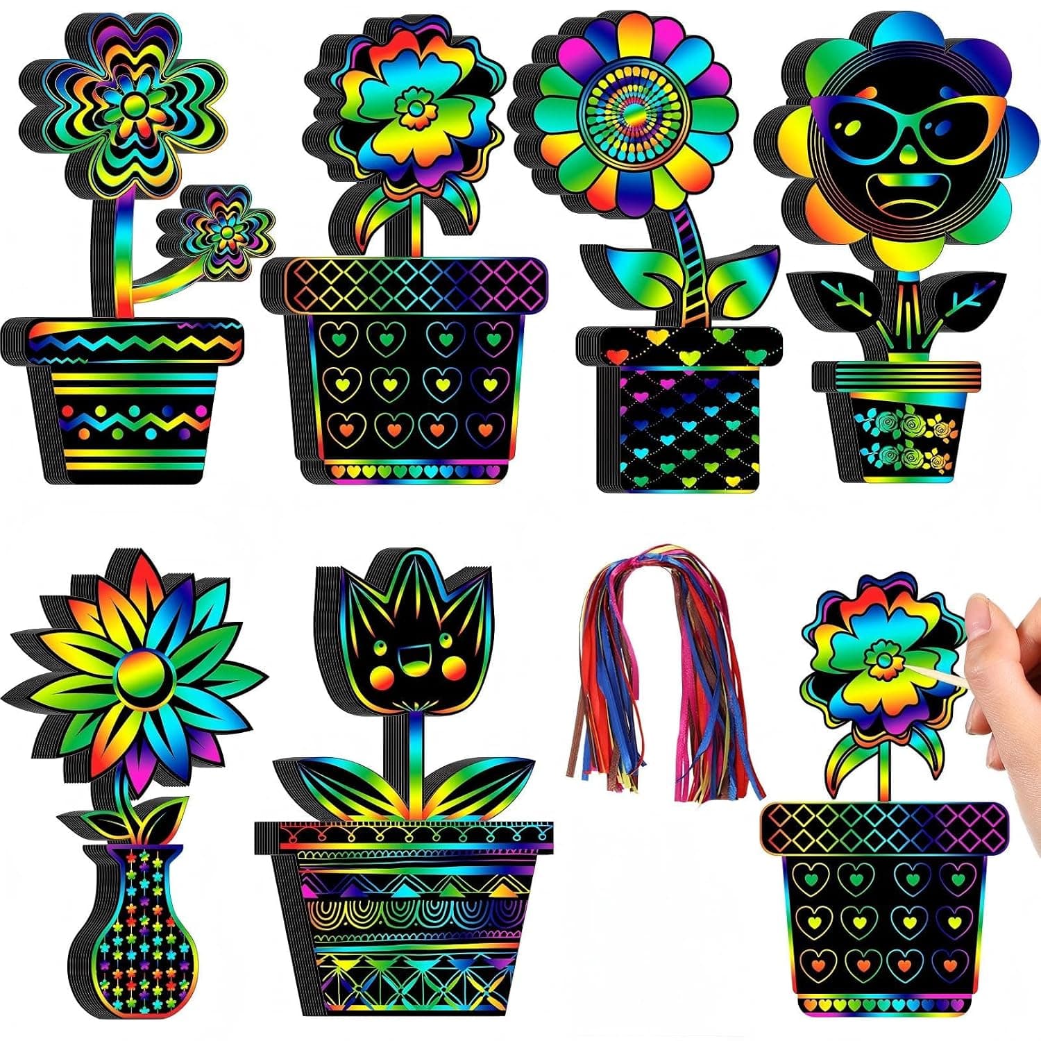 Flower Scratch Art Paper Set for Kids Creative DIY Crafts 60 Pieces Floral Pattern Scratch Off Drawing Kit with Stylus and Ribbons for Home School Classroom Activities and Decoration