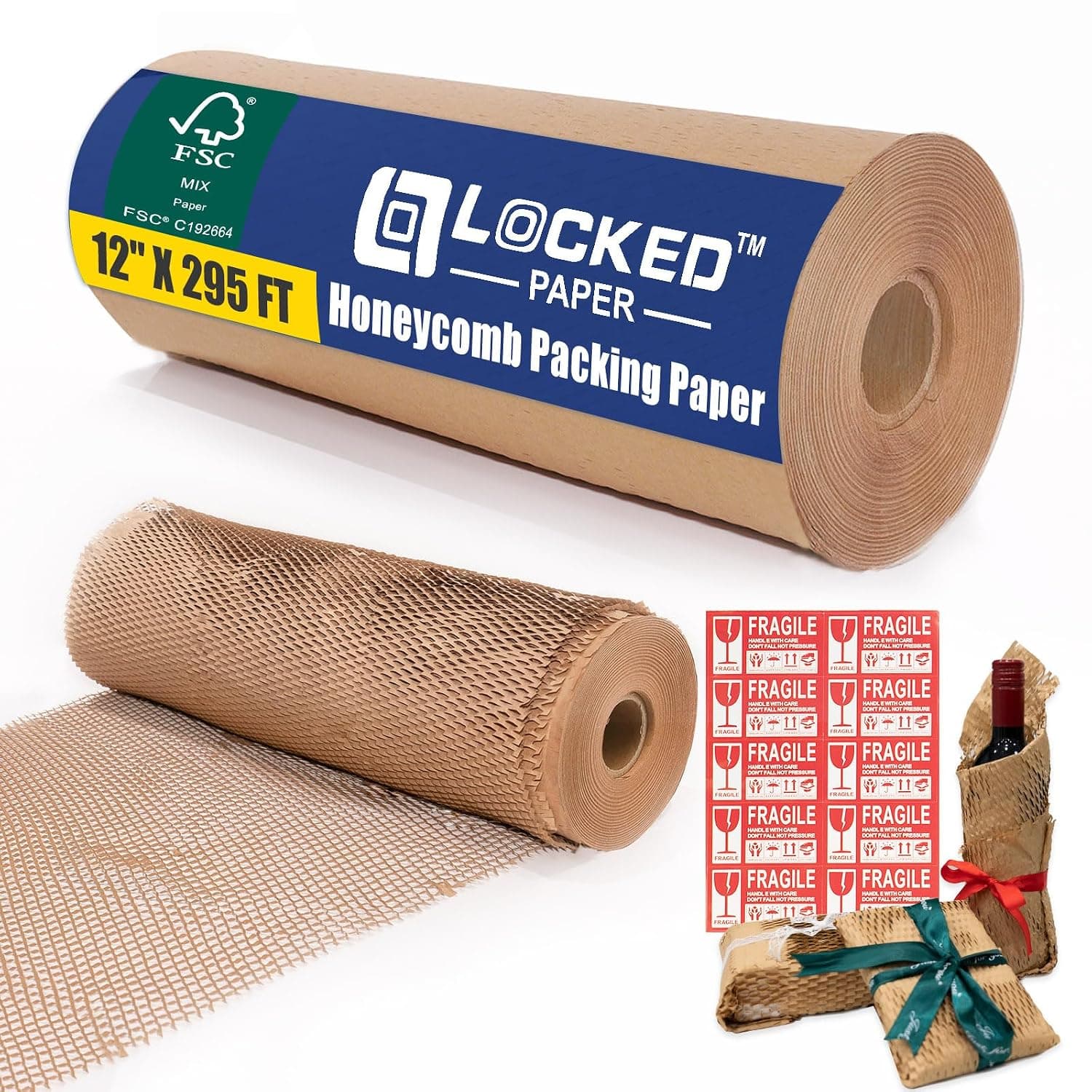 Honeycomb Packing Paper Roll 12" x 295 FT with Fragile Stickers– Biodegradable Cushioning Wrap for Moving, Shipping & Gift Wrapping – 100% Recyclable, FSC Certified Eco-Friendly Packaging