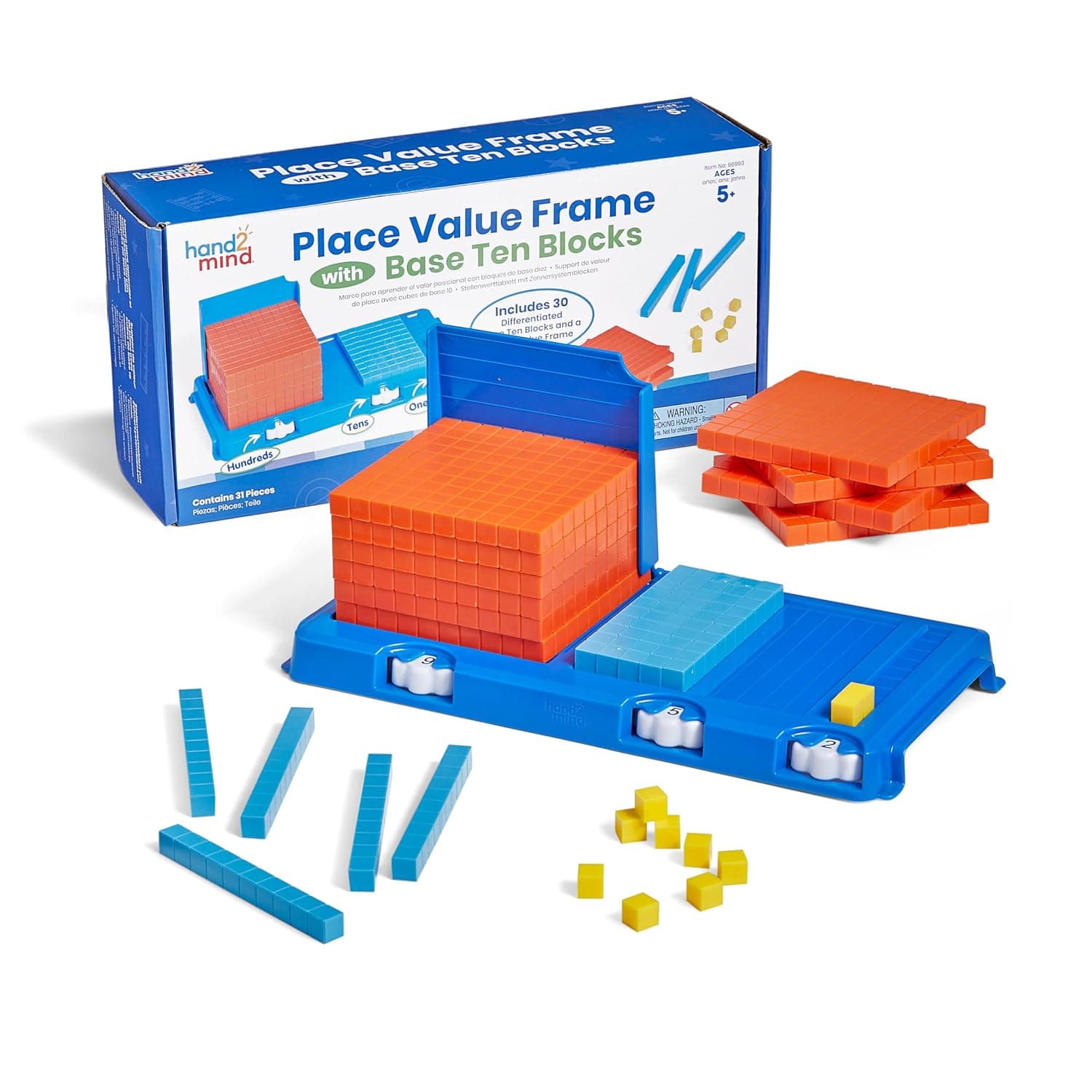 hand2mind Place Value Frame with Base Ten Blocks, Base 10 Blocks, Educational Math Manipulatives, Montessori Math Materials, Counting Cubes for Kids Math, Kindergarten Math Classroom Must Haves