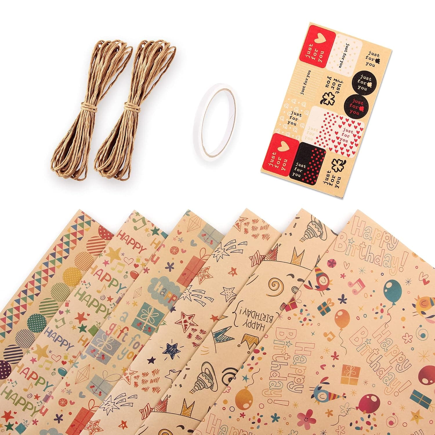 Gift Wrapping Paper Roll 6Pack, with Matching Gift Tags and Decorative Rope, Kraft Brown Recycled Gift Wrapping Paper for Birthday, Holiday, Wedding, Party, Kids Gift Wrapping (Size 70cmX50cm)