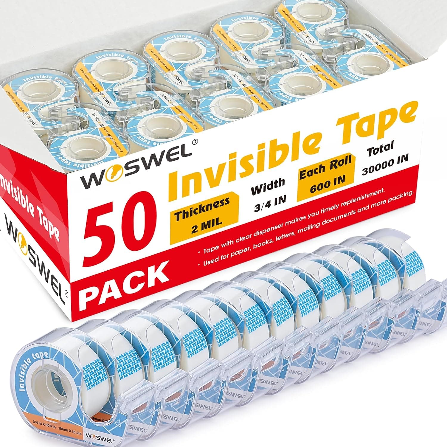 WOSWEL Tape Refills with Dispenser, 50 Roll Invisible Tapes, 3/4 Inch X 600 in,Gift Wrapping Tapes Supplier for Home School Office Use