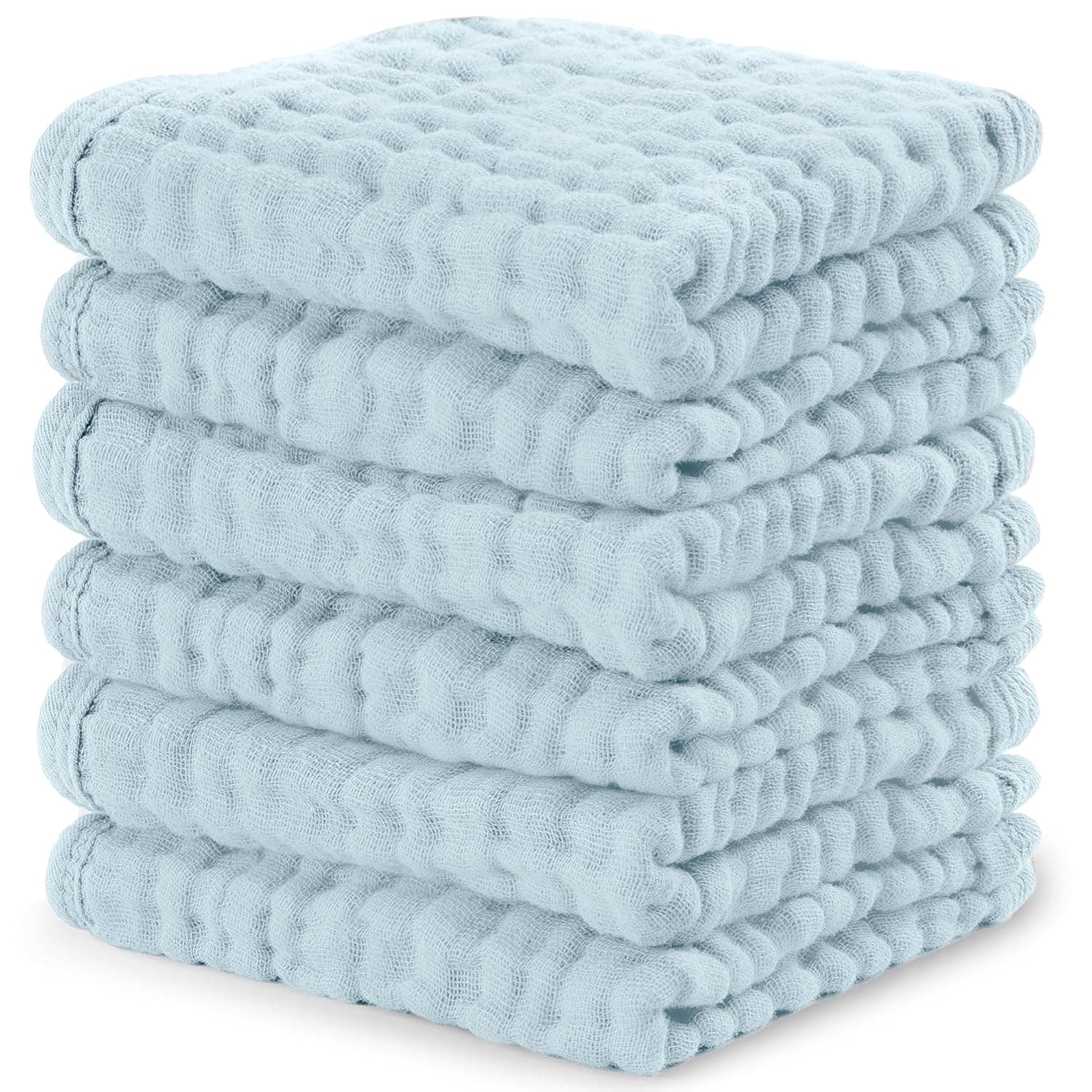 Baby Washcloths, Muslin Cotton Towels, Large 10”x10” Wash Cloths Soft on Sensitive Skin, Absorbent for Boys & Girls, Newborn Baby & Toddlers Essentials Shower Registry Gift (Sky Blue, Pack of 6)
