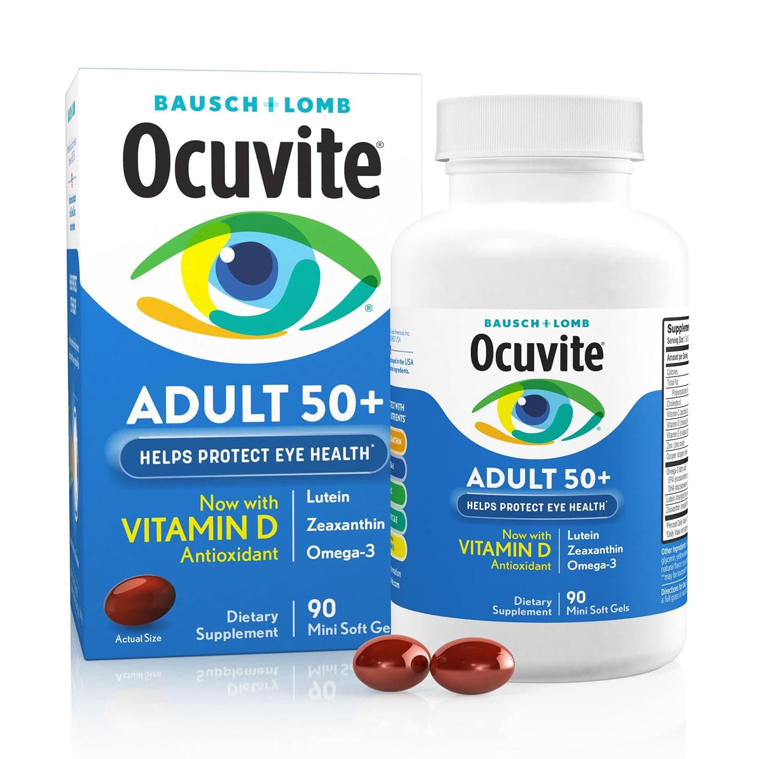 Bausch & Lomb, Ocuvite, Adult 50+, Eye Vitamin & Mineral Supplement, 90 Soft Gels | Eye health supplement for adults 50+, omega-3, zinc, vitamins C & E, supports macular health*, men & women